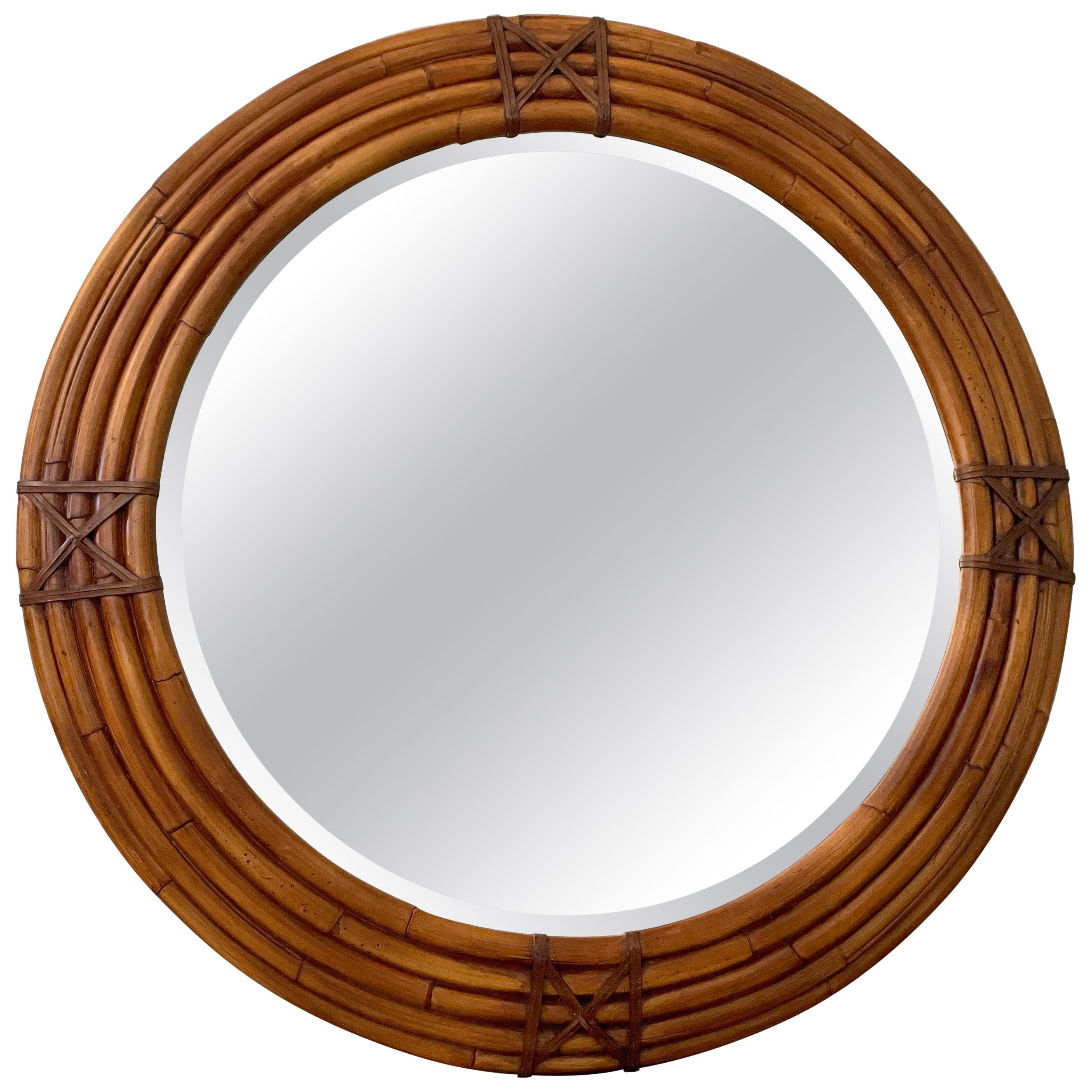 Large Round Midcentury Mirror by Milling Road for Baker in Rattan and Leather