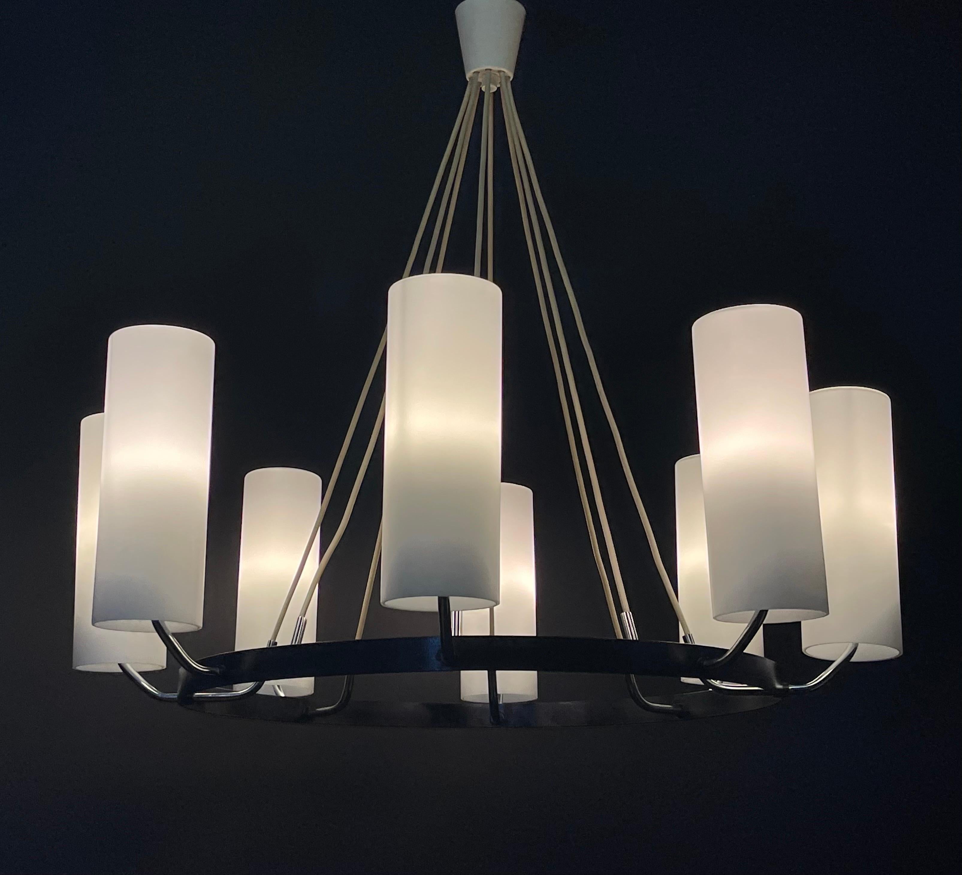 Large Round Milk Glass Tubes Chandelier attr. to Kaiser, Germany, 1950s 4