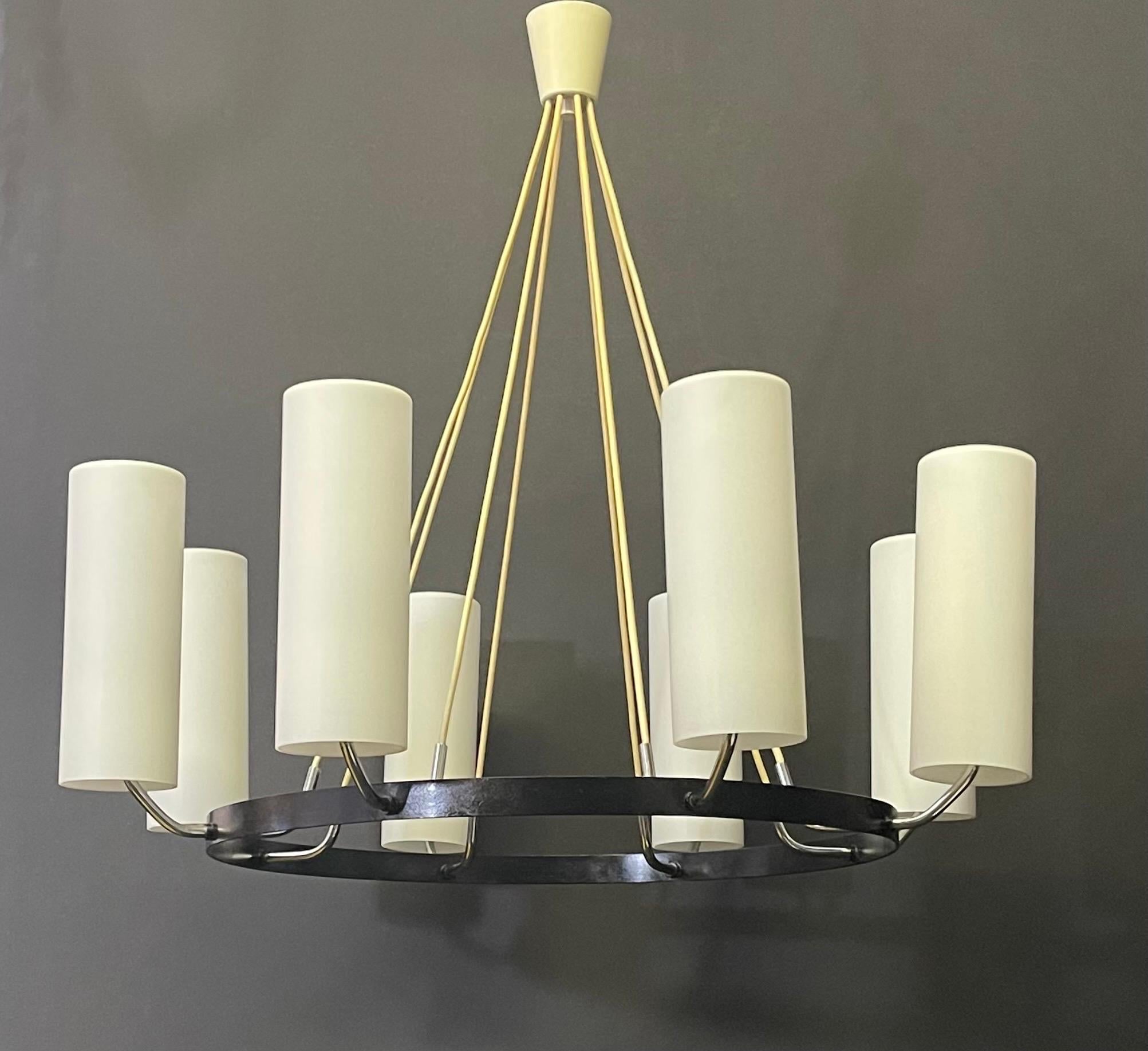Large Round Milk Glass Tubes Chandelier attr. to Kaiser, Germany, 1950s 6