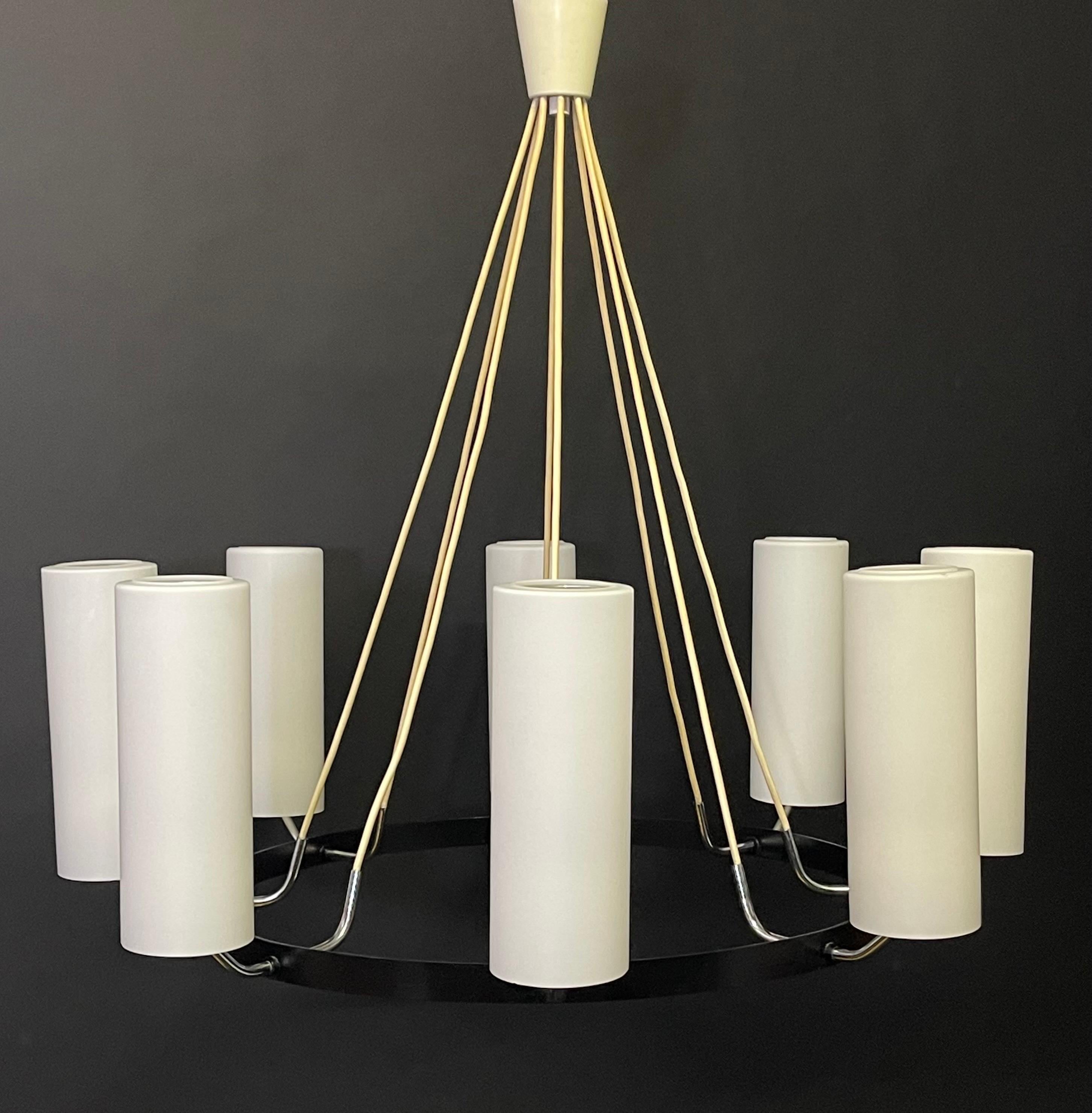 Large Round Milk Glass Tubes Chandelier attr. to Kaiser, Germany, 1950s 7