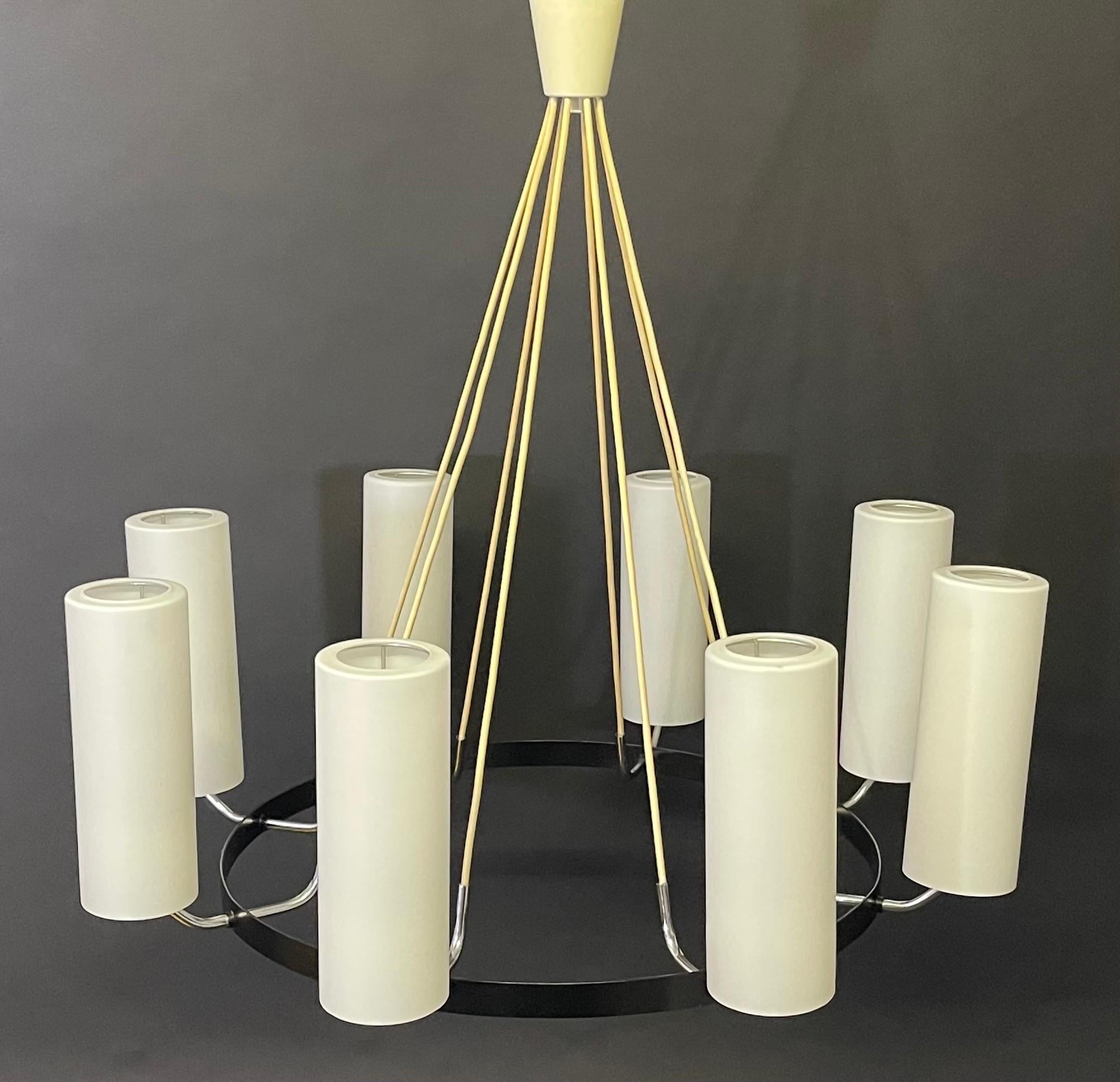 Large Round Milk Glass Tubes Chandelier attr. to Kaiser, Germany, 1950s 8