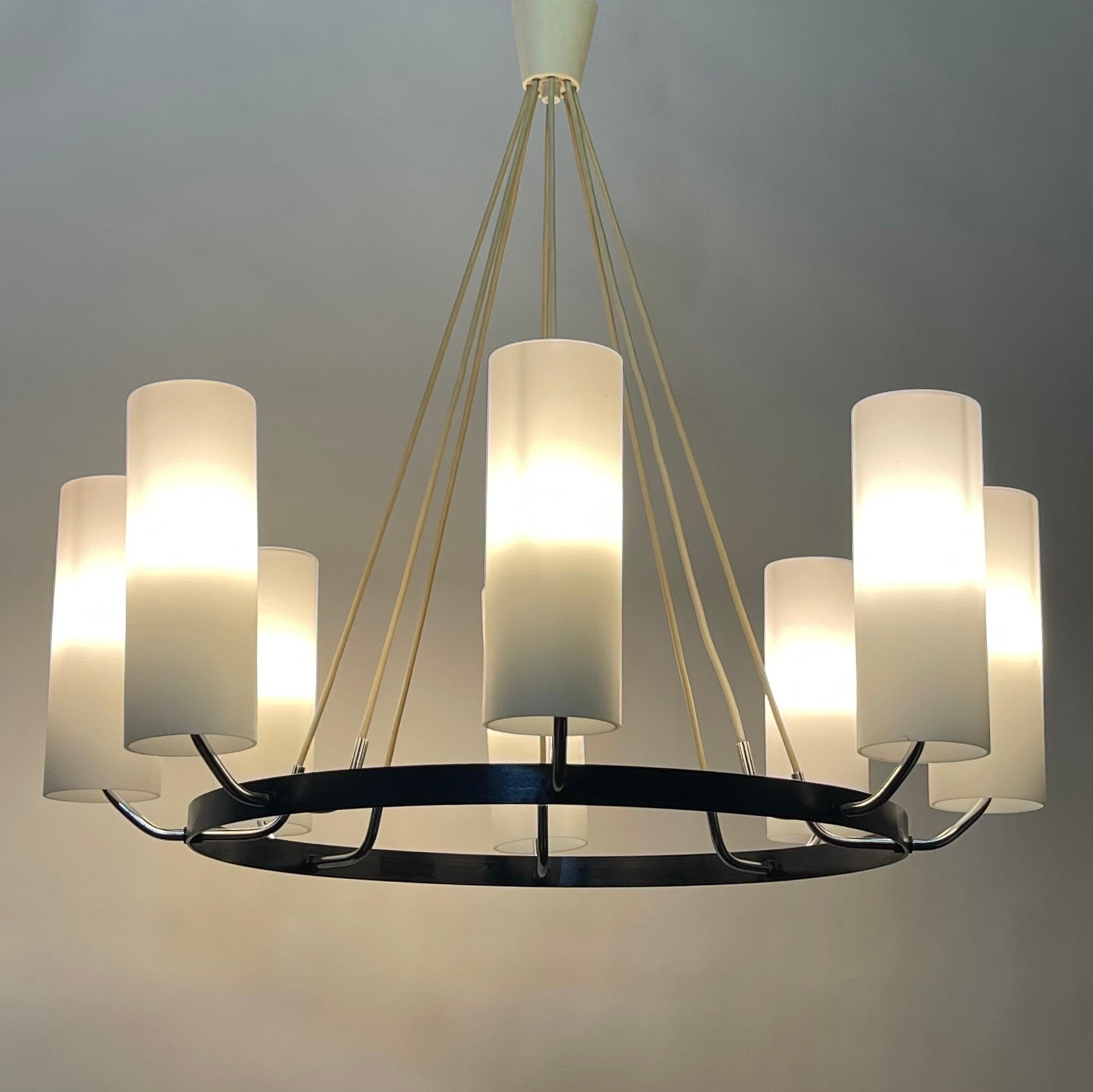 Large Round Milk Glass Tubes Chandelier attr. to Kaiser, Germany, 1950s 9