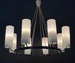Large Round Milk Glass Tubes Chandelier attr. to Kaiser, Germany, 1950s