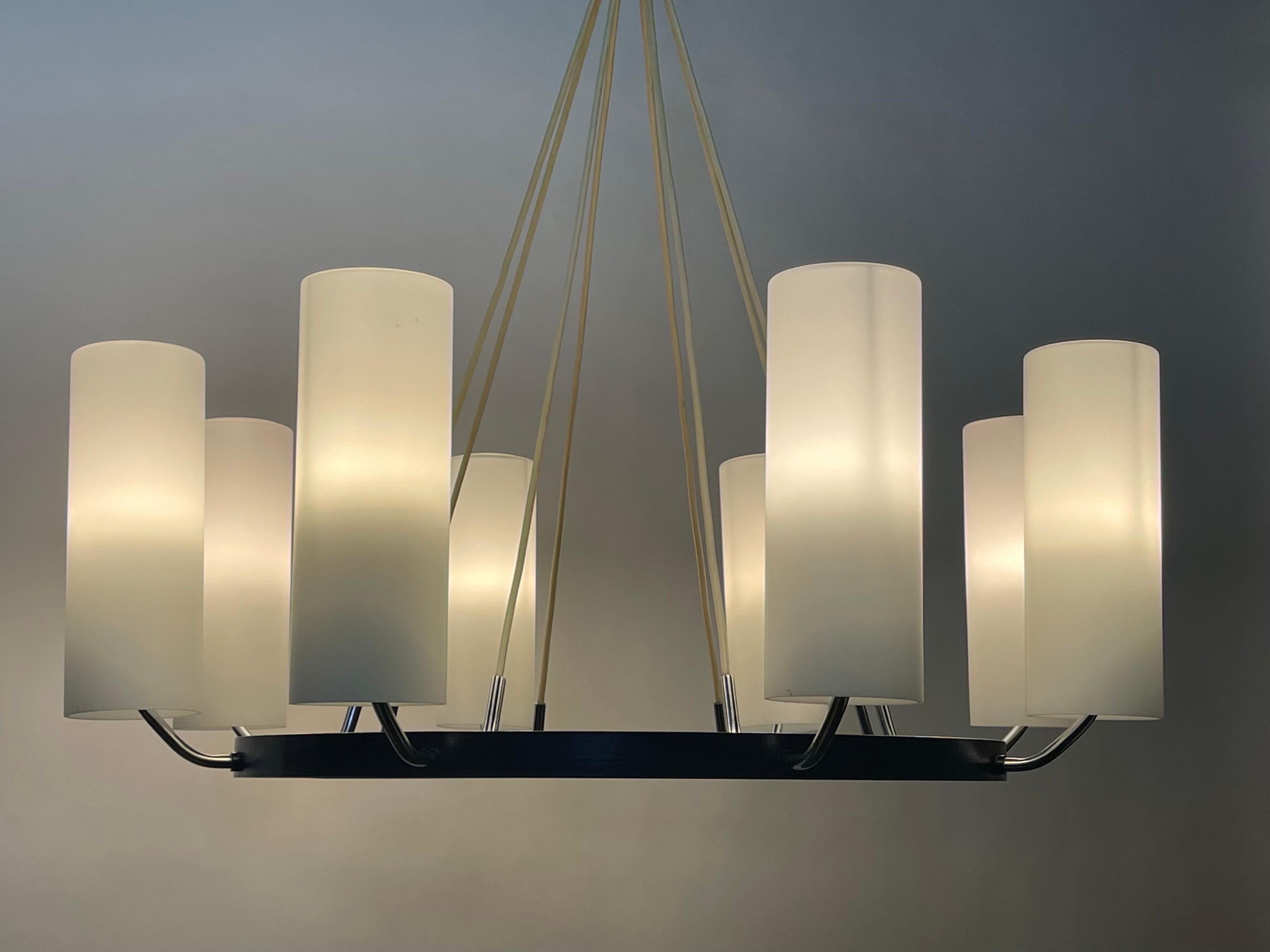 Large Round Milk Glass Tubes Chandelier attr. to Kaiser, Germany, 1950s 3