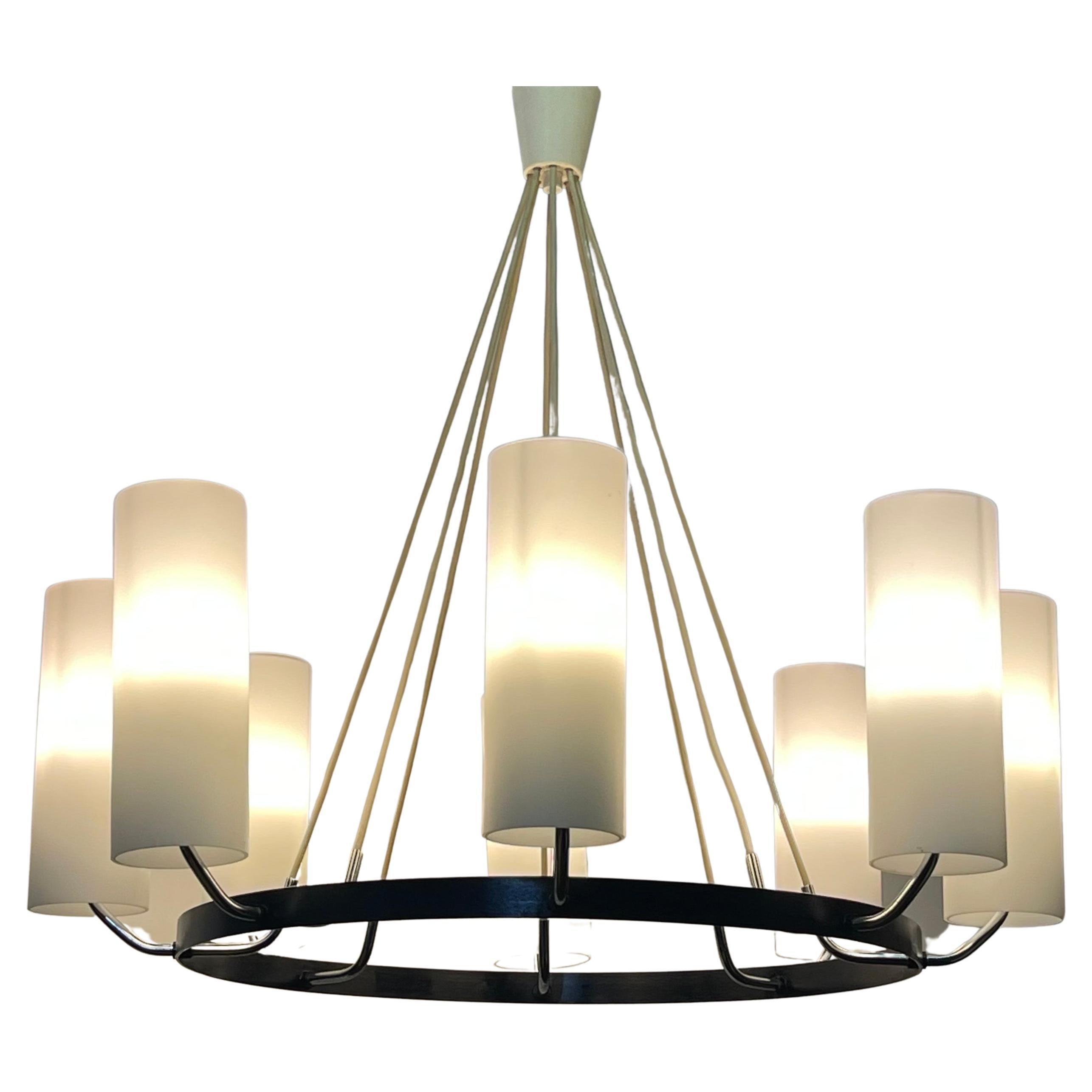 Large Round Milk Glass Tubes Chandelier attr. to Kaiser, Germany, 1950s