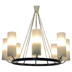 Large Round Milk Glass Tubes Chandelier attr. to Kaiser, Germany, 1950s