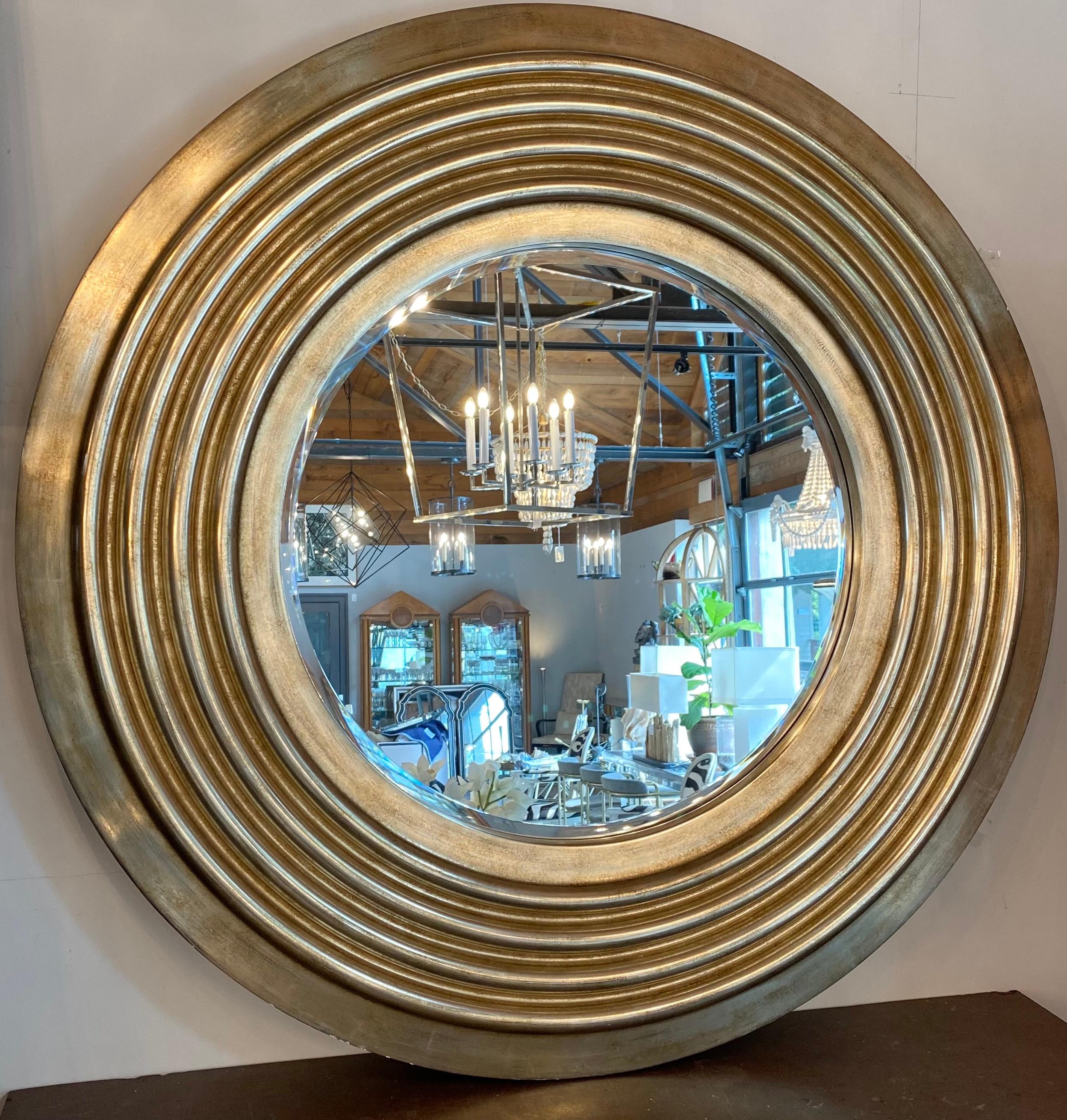 Large Round Mirror in Silver Leaf In Good Condition In Bridgehampton, NY