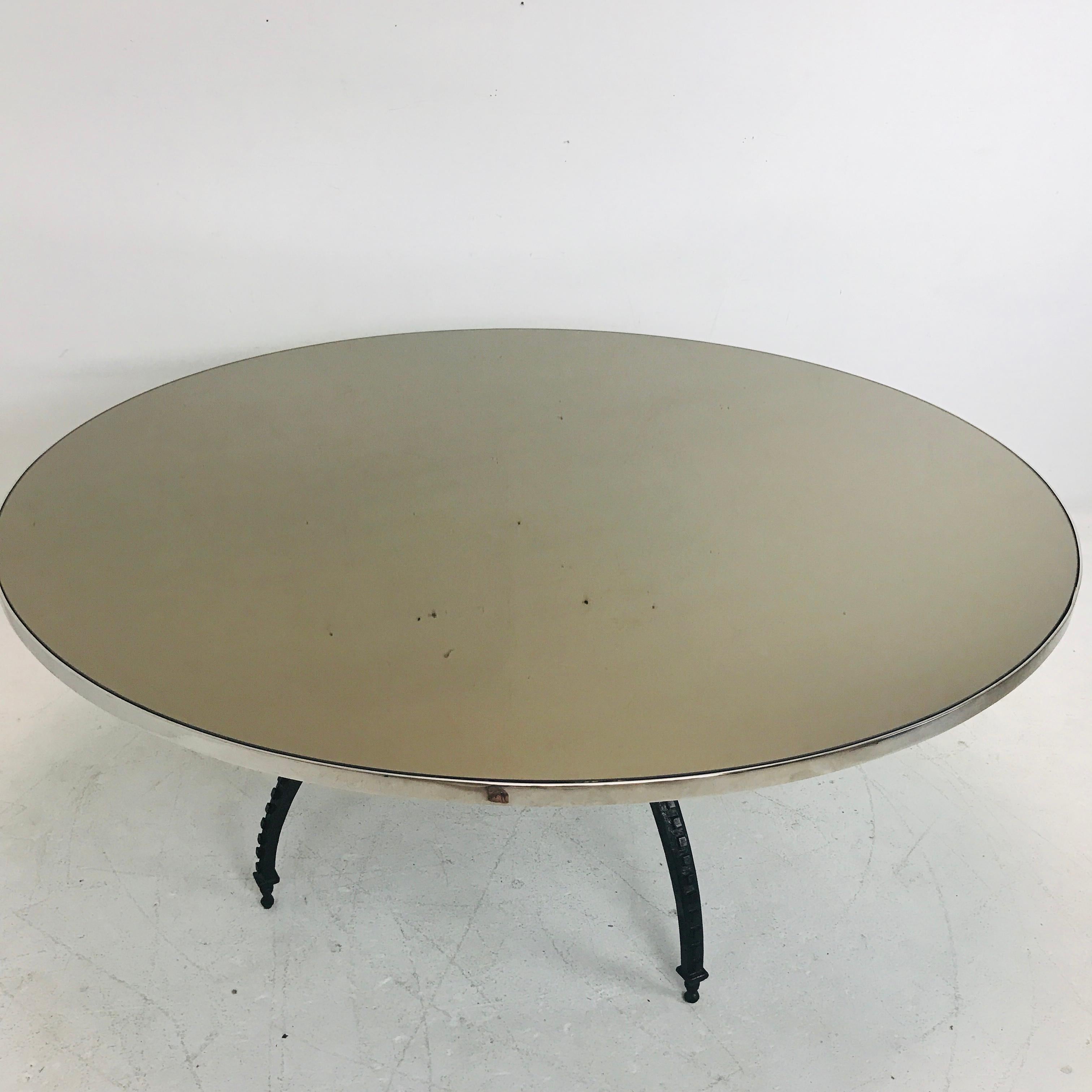 Large Round Mirror Top Spider Leg Dining Table by Baker In Good Condition In Dallas, TX