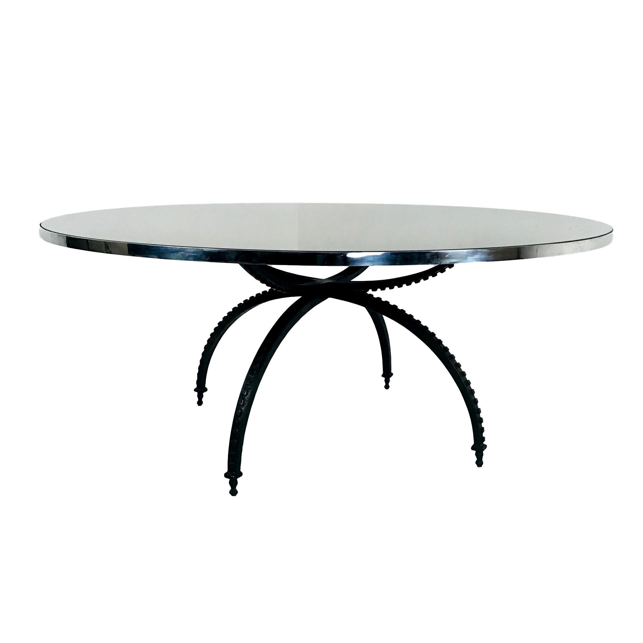 Large Round Mirror Top Spider Leg Dining Table by Baker