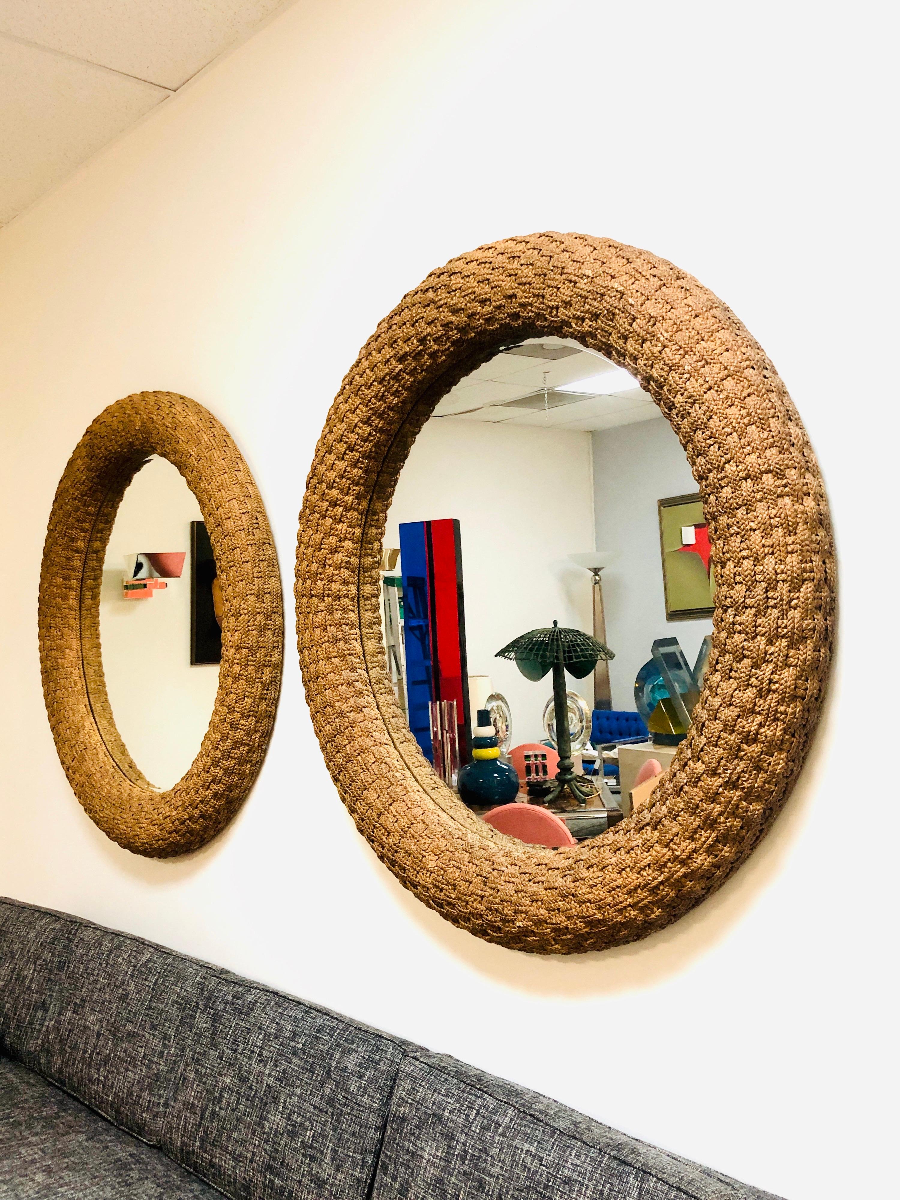American Large Round Mirror with Braided Jute Frame, Pair Available, 1980s