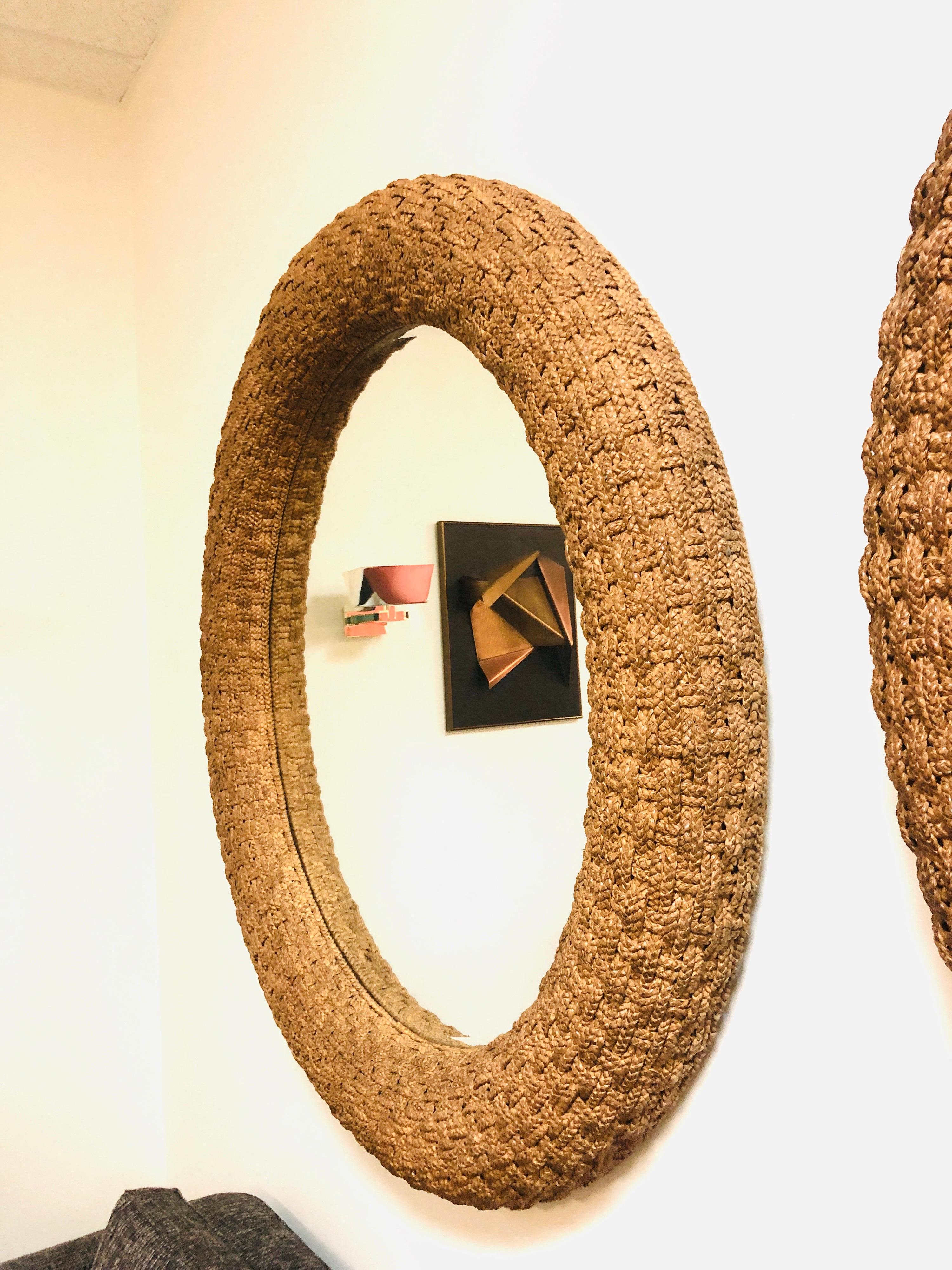 Large Round Mirror with Braided Jute Frame, Pair Available, 1980s In Good Condition In Miami, FL