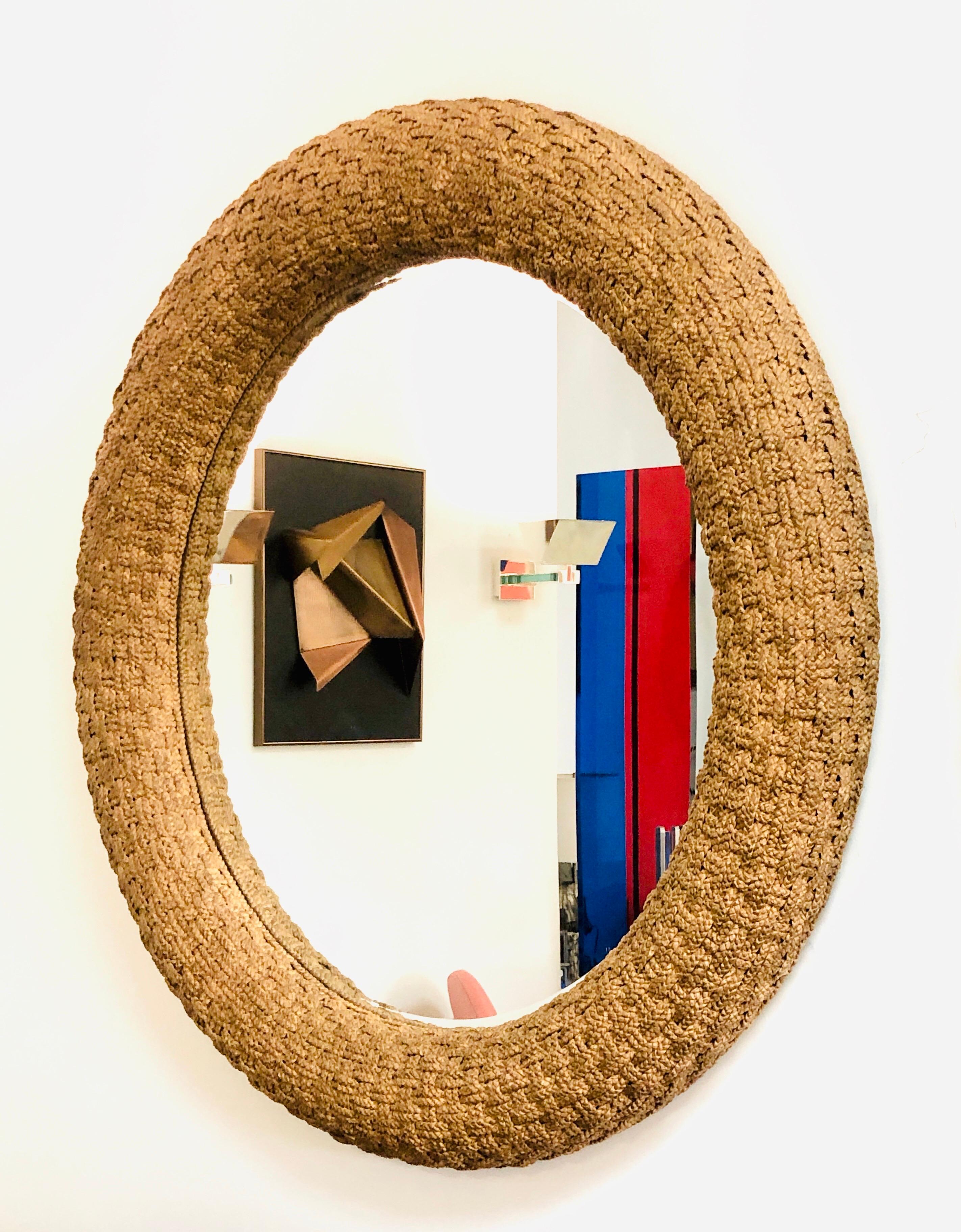 Late 20th Century Large Round Mirror with Braided Jute Frame, Pair Available, 1980s