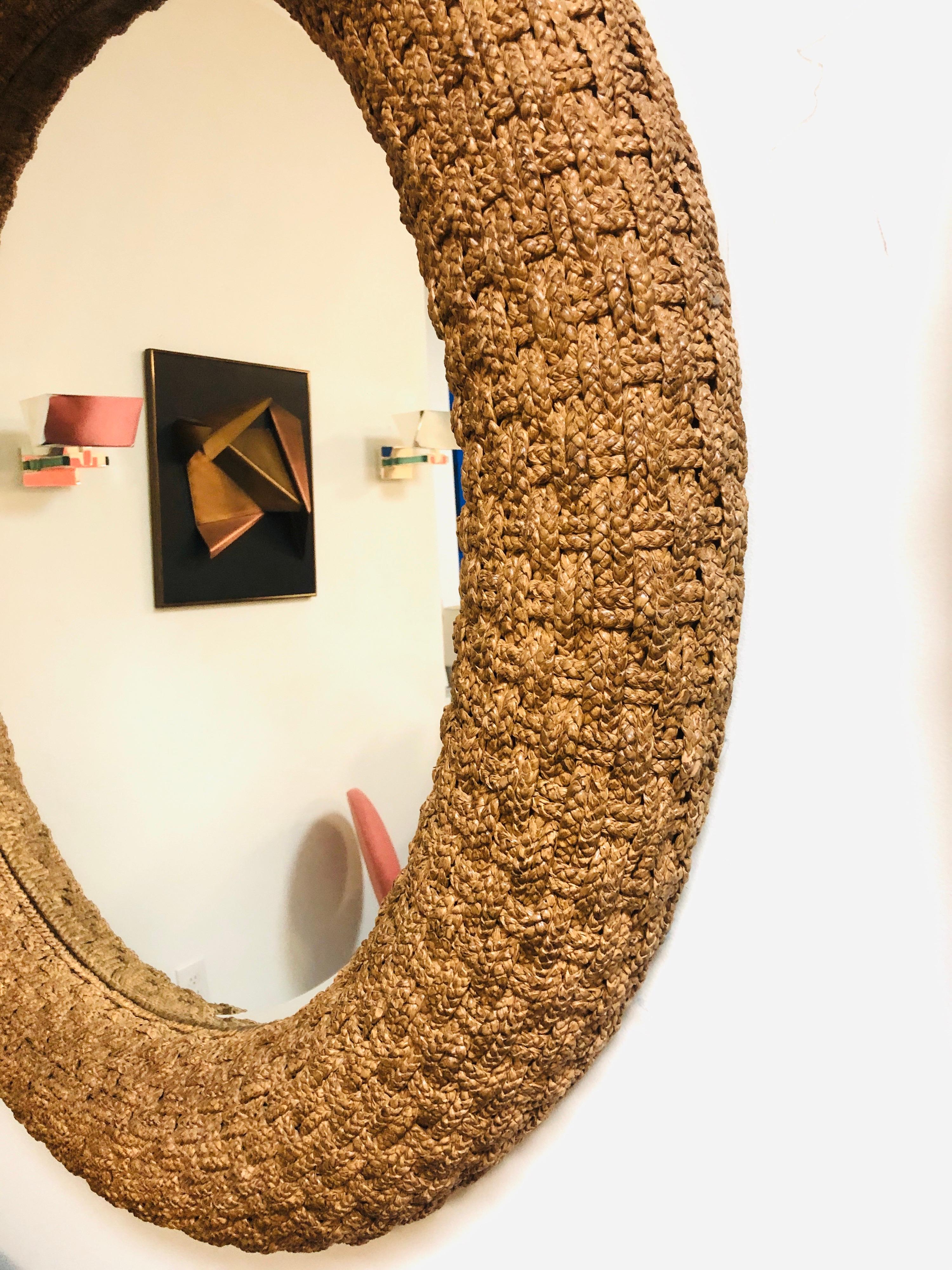 Large Round Mirror with Braided Jute Frame, Pair Available, 1980s 2