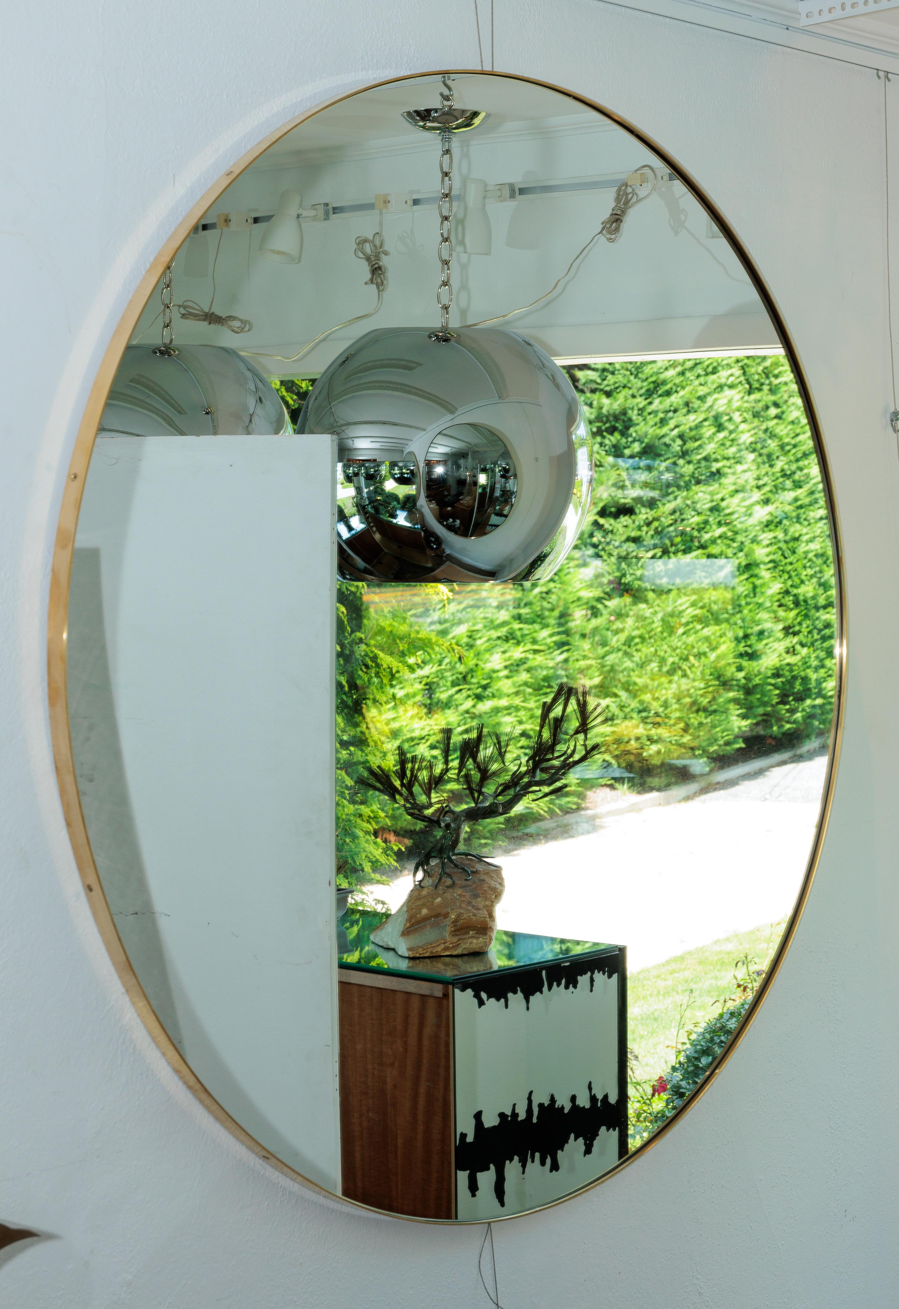 Mid-Century Modern Large Round Mirror with Brass Detail For Sale