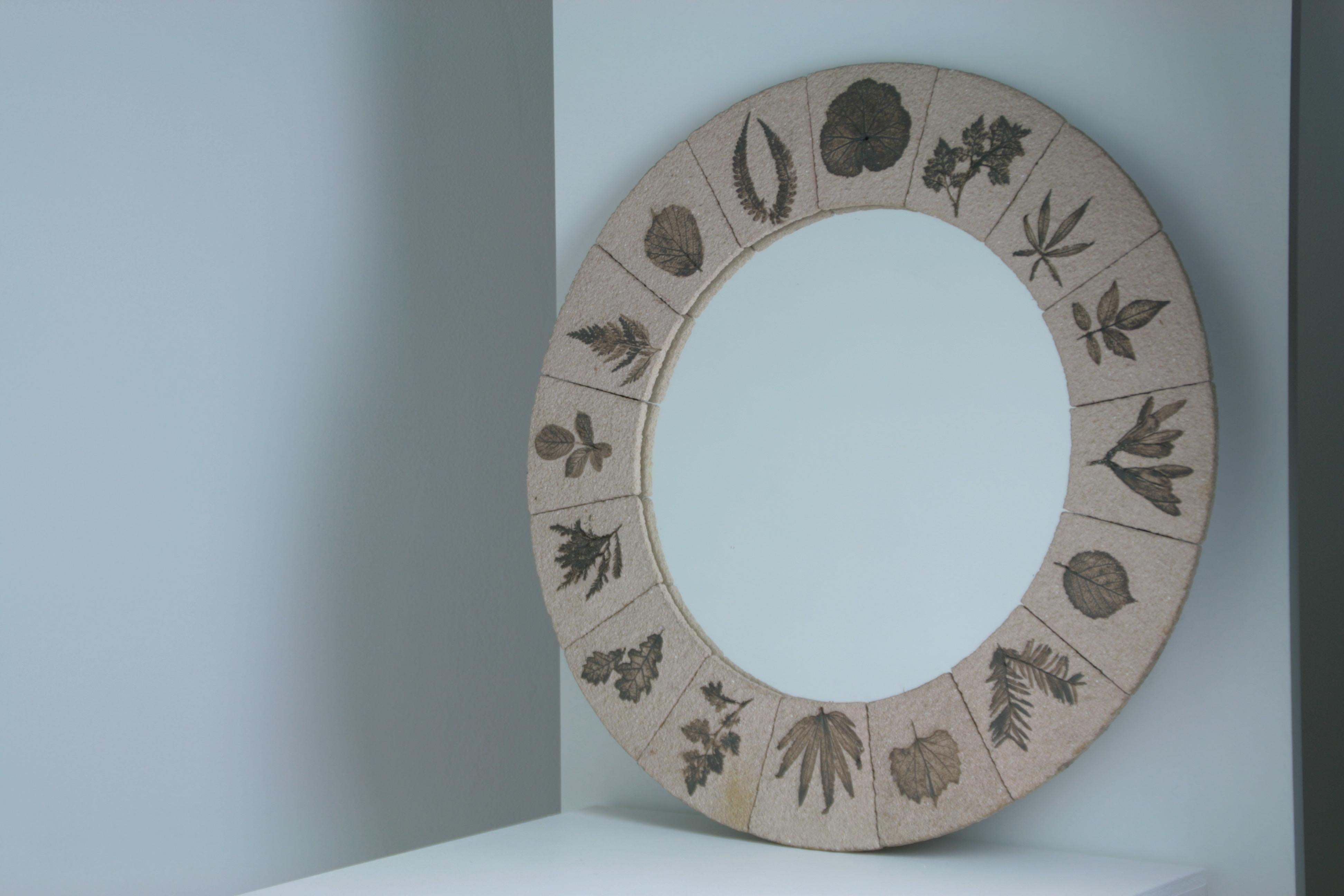 French large round mirror with herbarium motif, France 1960 For Sale