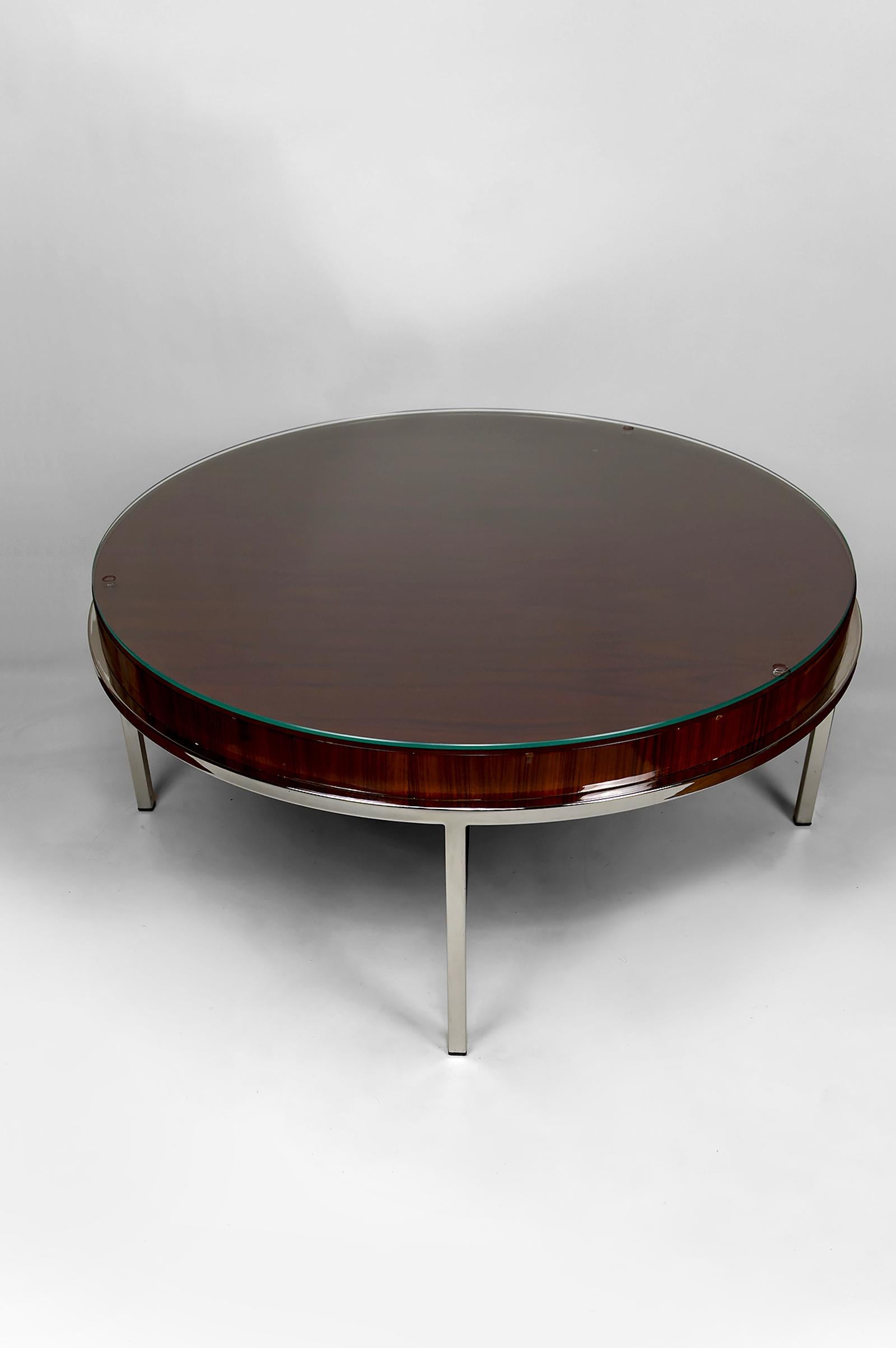 Italian Large Round Modernist Coffee Table, Chrome & Exotic Wood, Italy, Circa 1960–1970 For Sale