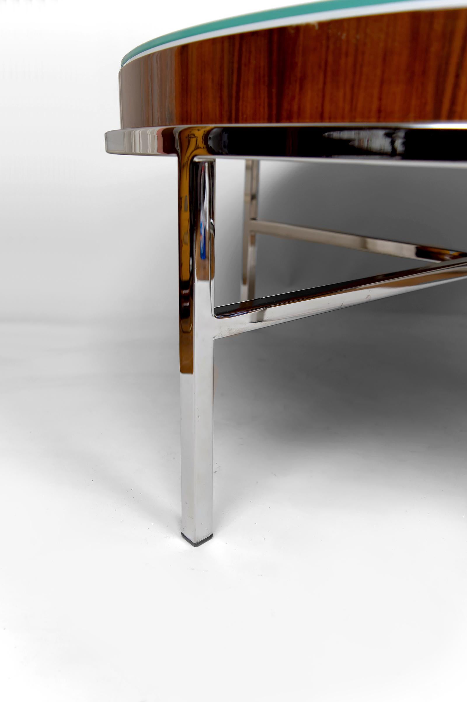 Metal Large Round Modernist Coffee Table, Chrome & Exotic Wood, Italy, Circa 1960–1970 For Sale