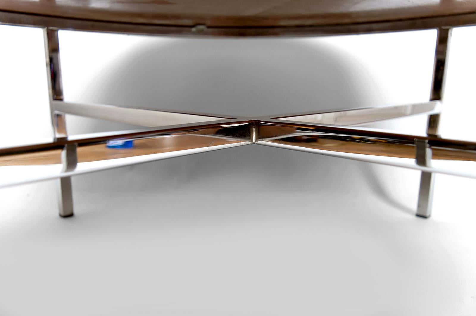 Large Round Modernist Coffee Table, Chrome & Exotic Wood, Italy, Circa 1960–1970 For Sale 1