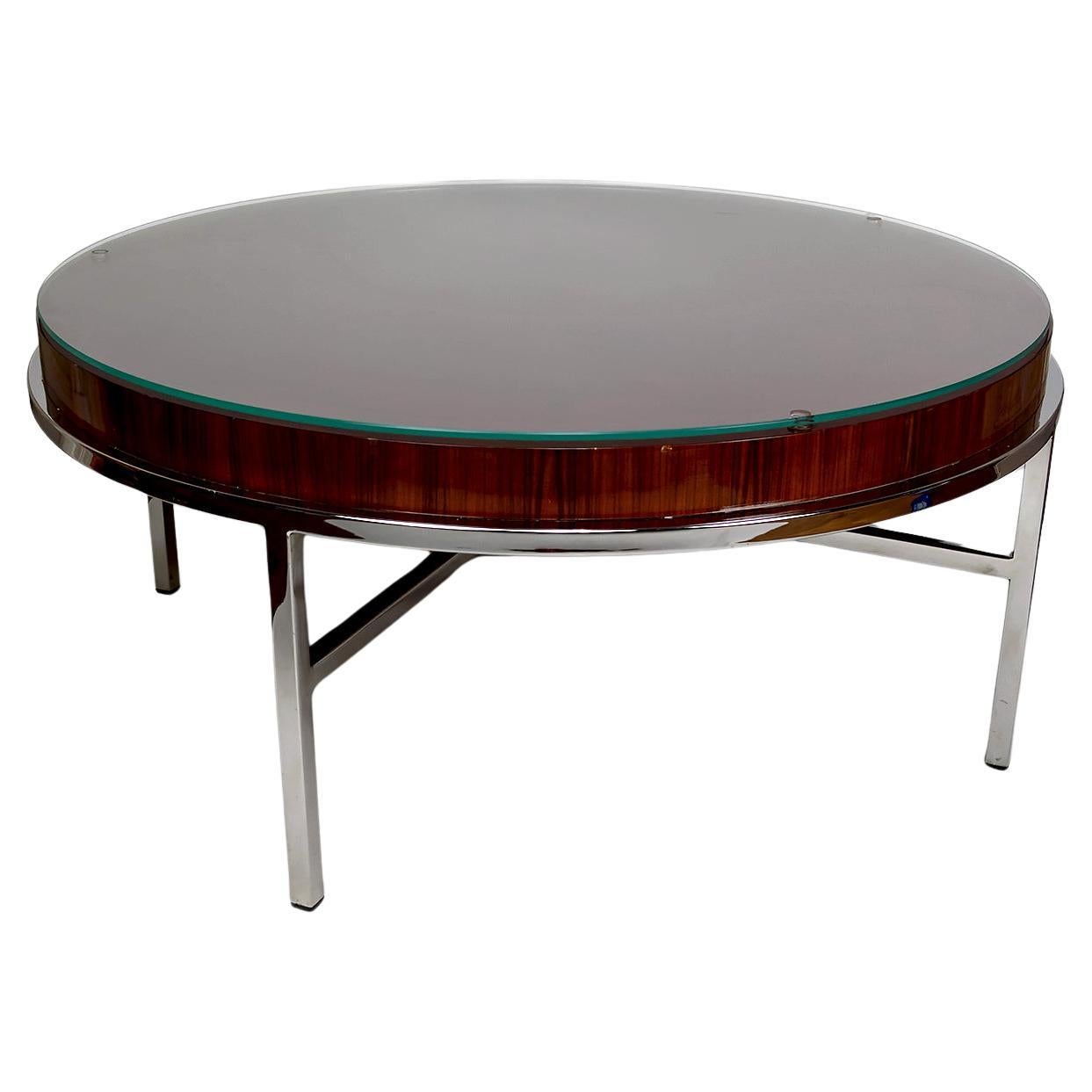 Large Round Modernist Coffee Table, Chrome & Exotic Wood, Italy, Circa 1960–1970
