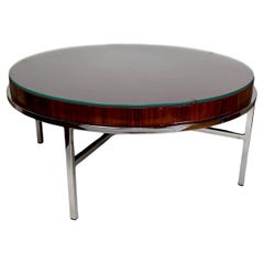 Large Round Modernist Coffee Table, Chrome & Exotic Wood, Italy, Circa 1960–1970