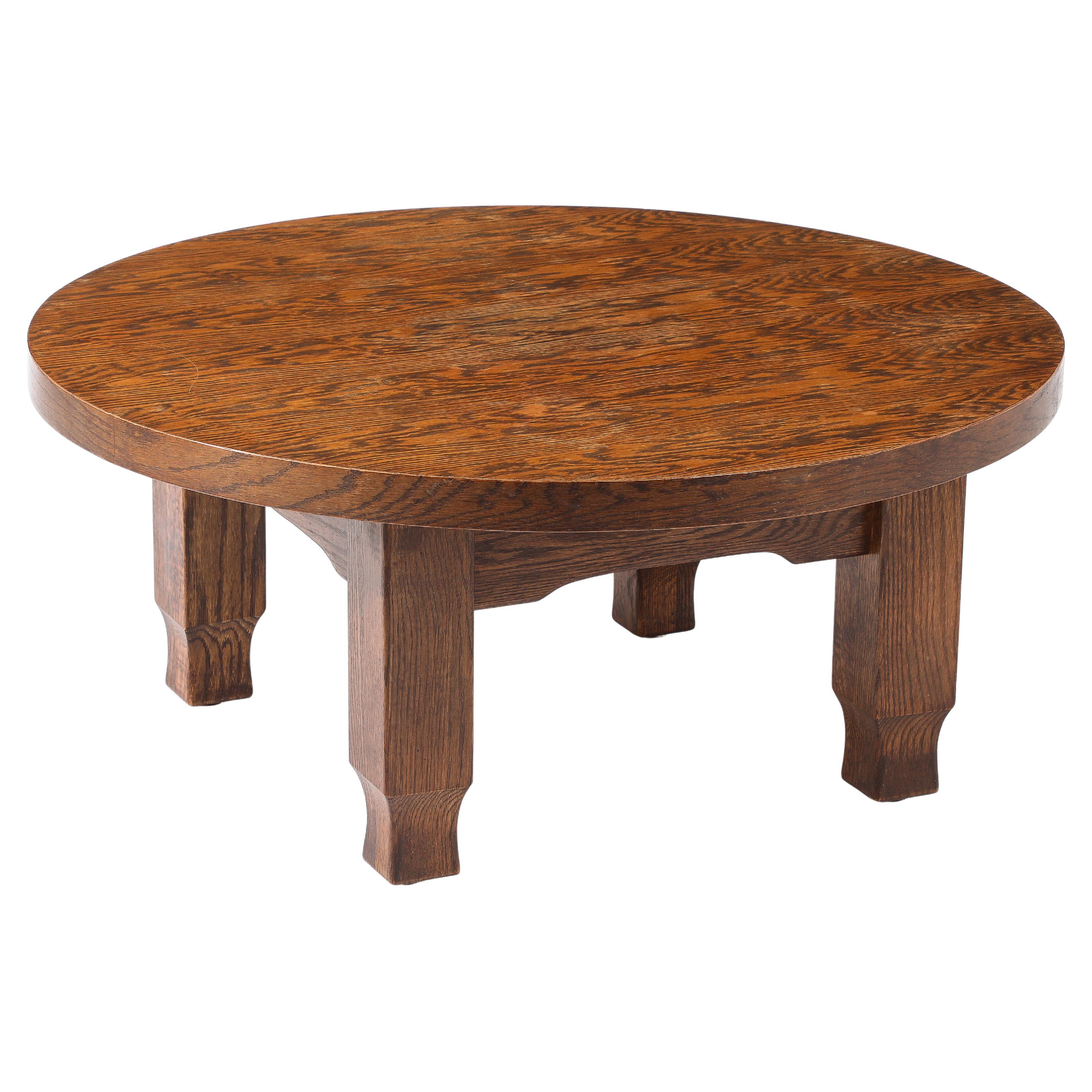 Large Round Oak Coffee Table, France 1940's