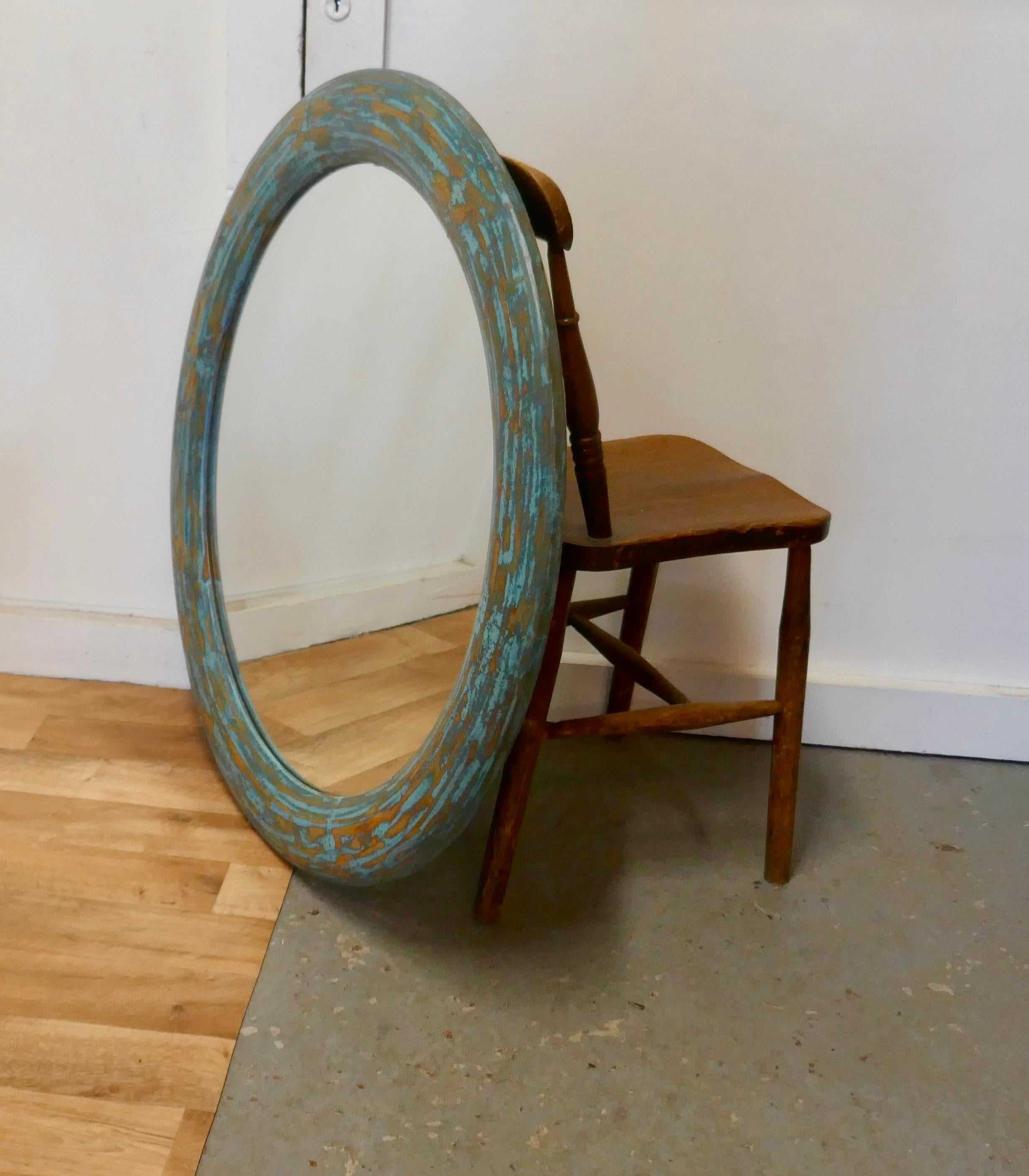 Folk Art Large Round Painted Wall Mirror For Sale
