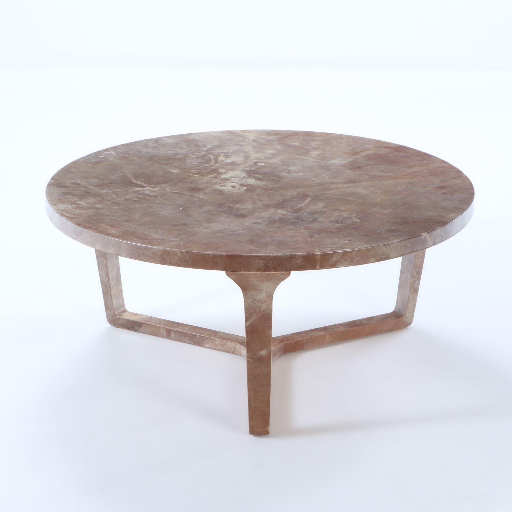 Large round parchment covered coffee table made in our workshops. Custom sizes available.