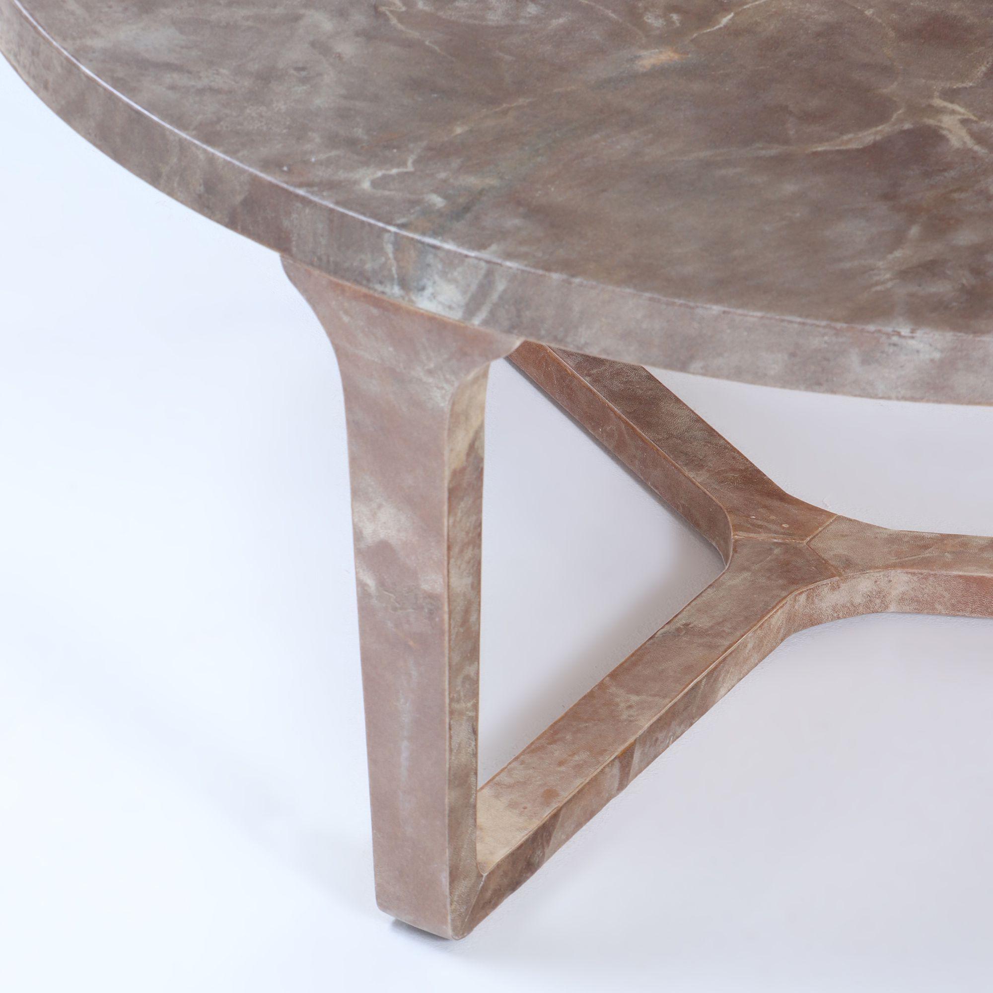 Contemporary Large round parchment covered coffee table made in our workshops. For Sale