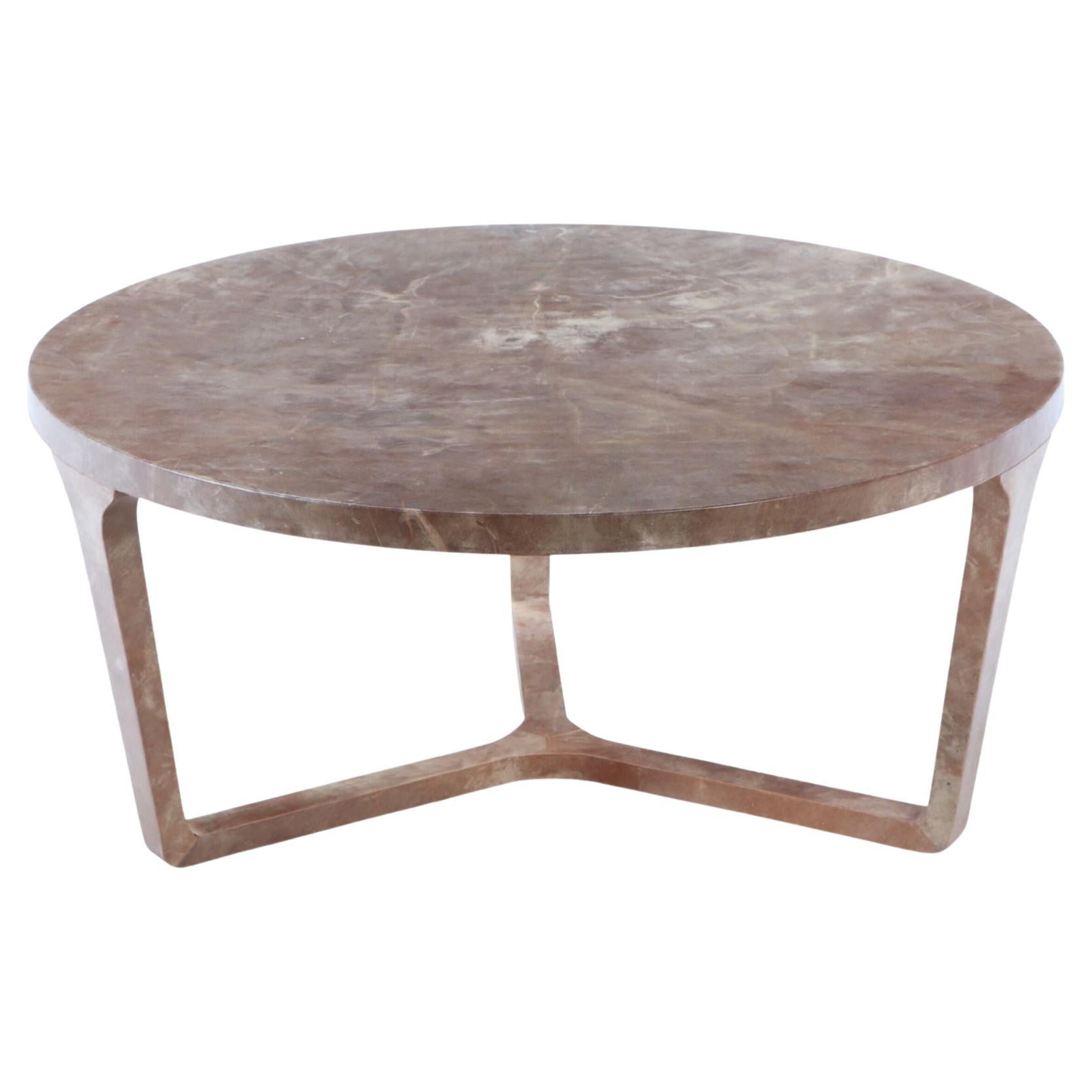 Large round parchment covered coffee table made in our workshops. For Sale