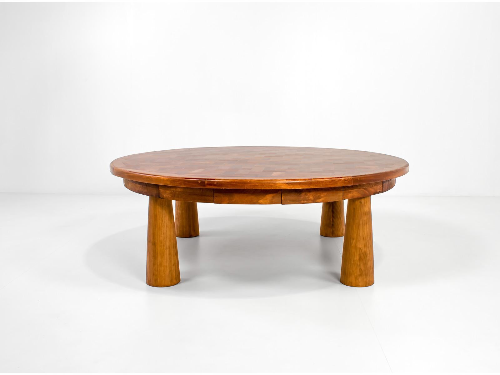 Teak 1950s, Large Round Parquet Coffee Table with Conical Legs, Spain