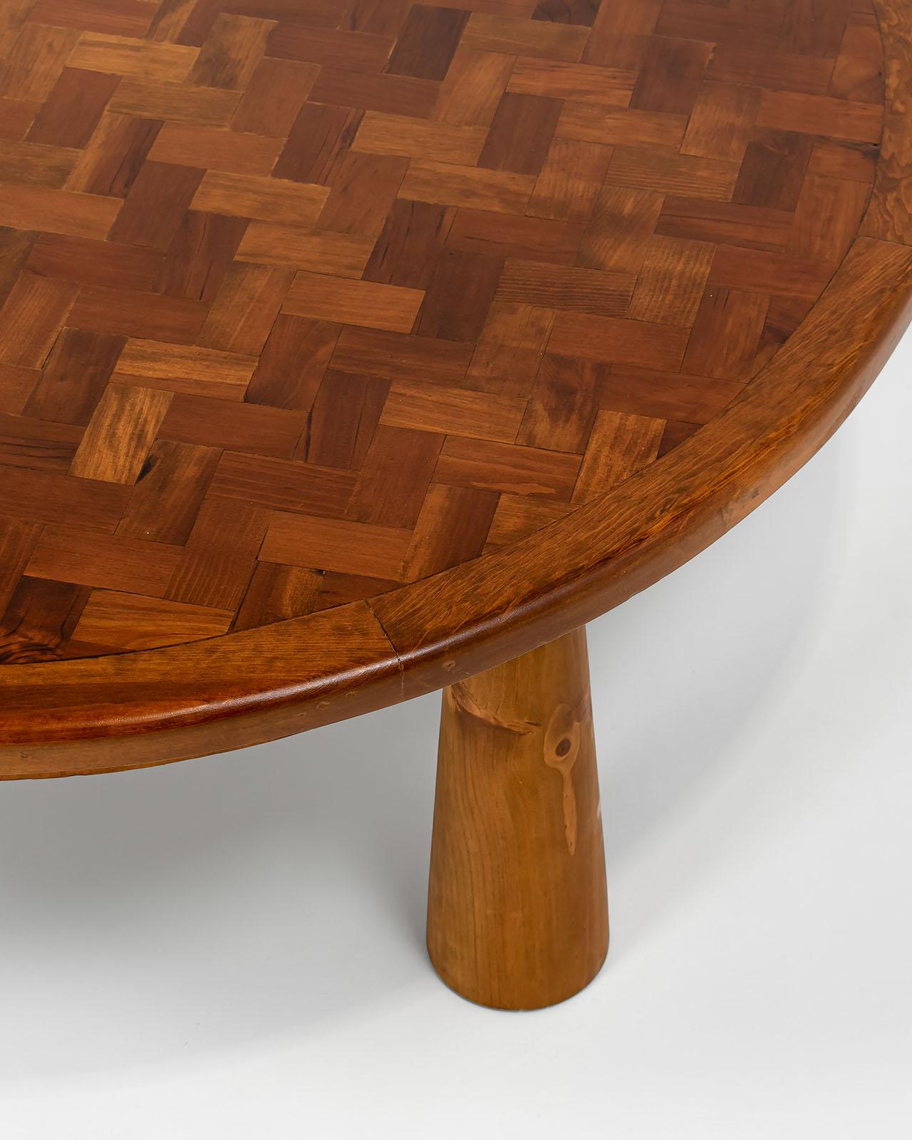 1950s, Large Round Parquet Coffee Table with Conical Legs, Spain 2