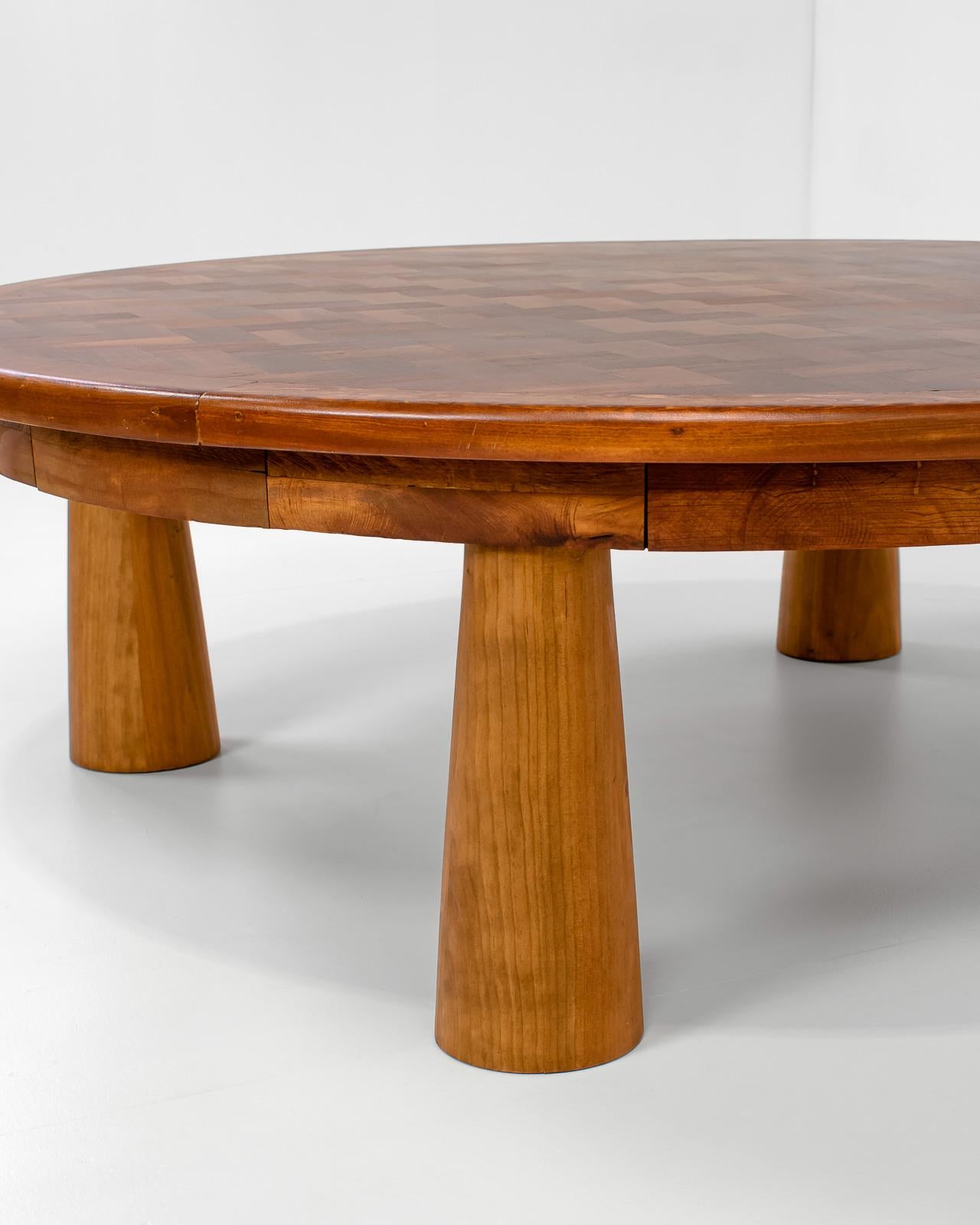 Mid-Century Modern 1950s, Large Round Parquet Coffee Table with Conical Legs, Spain