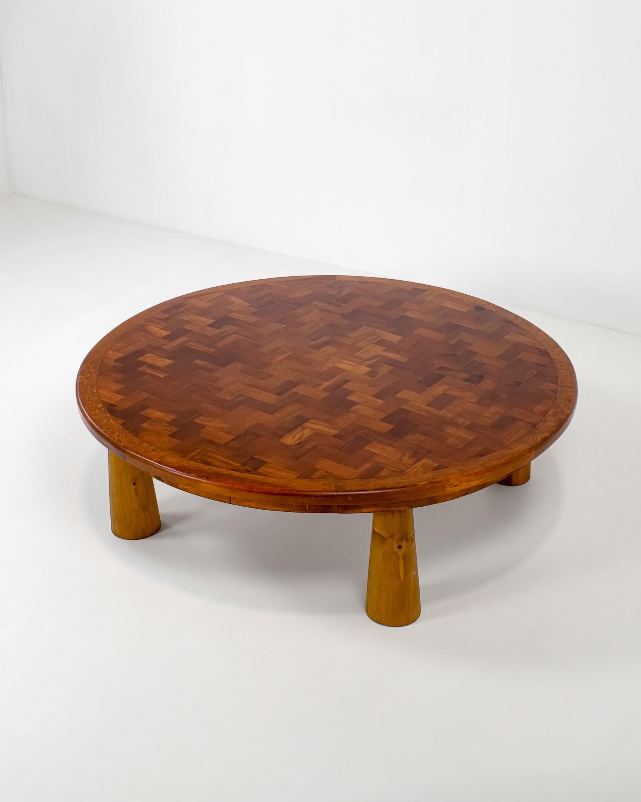 European 1950s, Large Round Parquet Coffee Table with Conical Legs, Spain