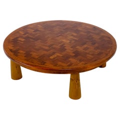 Large Round Parquet Coffee Table with Conical Legs, Spain