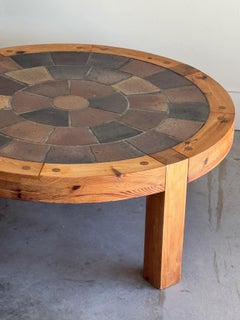 Large Round Pine & Ceramic Tile Coffee Table Lisbeth Sallingboe Danish 1970s