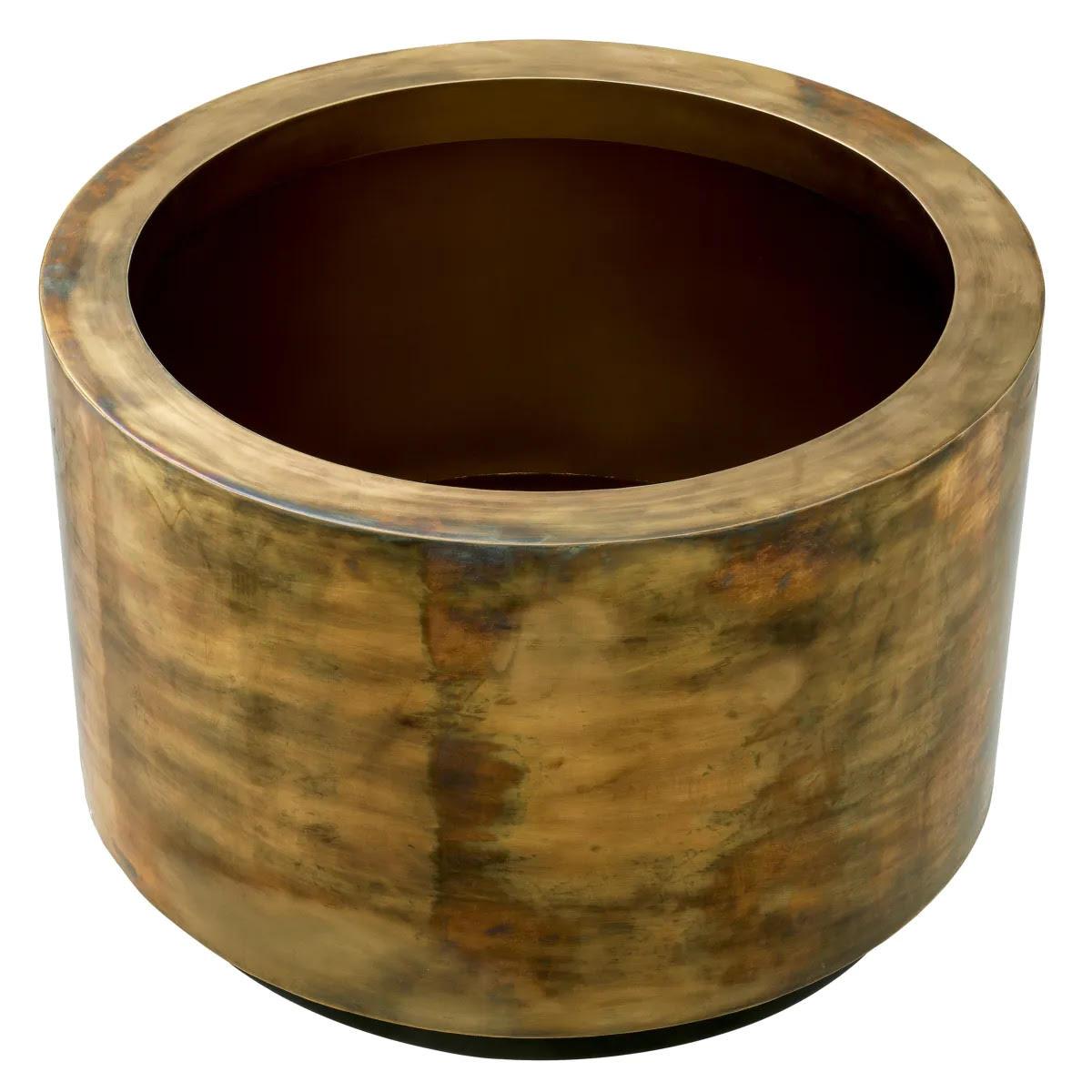 Modern Large, Round Planter in Patinated Brass with a Black Base, Handcrafted. For Sale