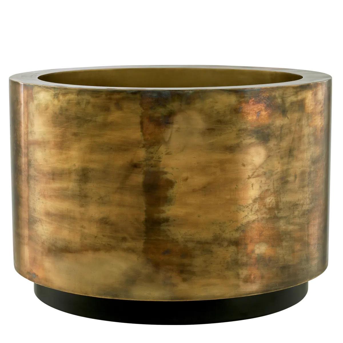 French Large, Round Planter in Patinated Brass with a Black Base, Handcrafted. For Sale