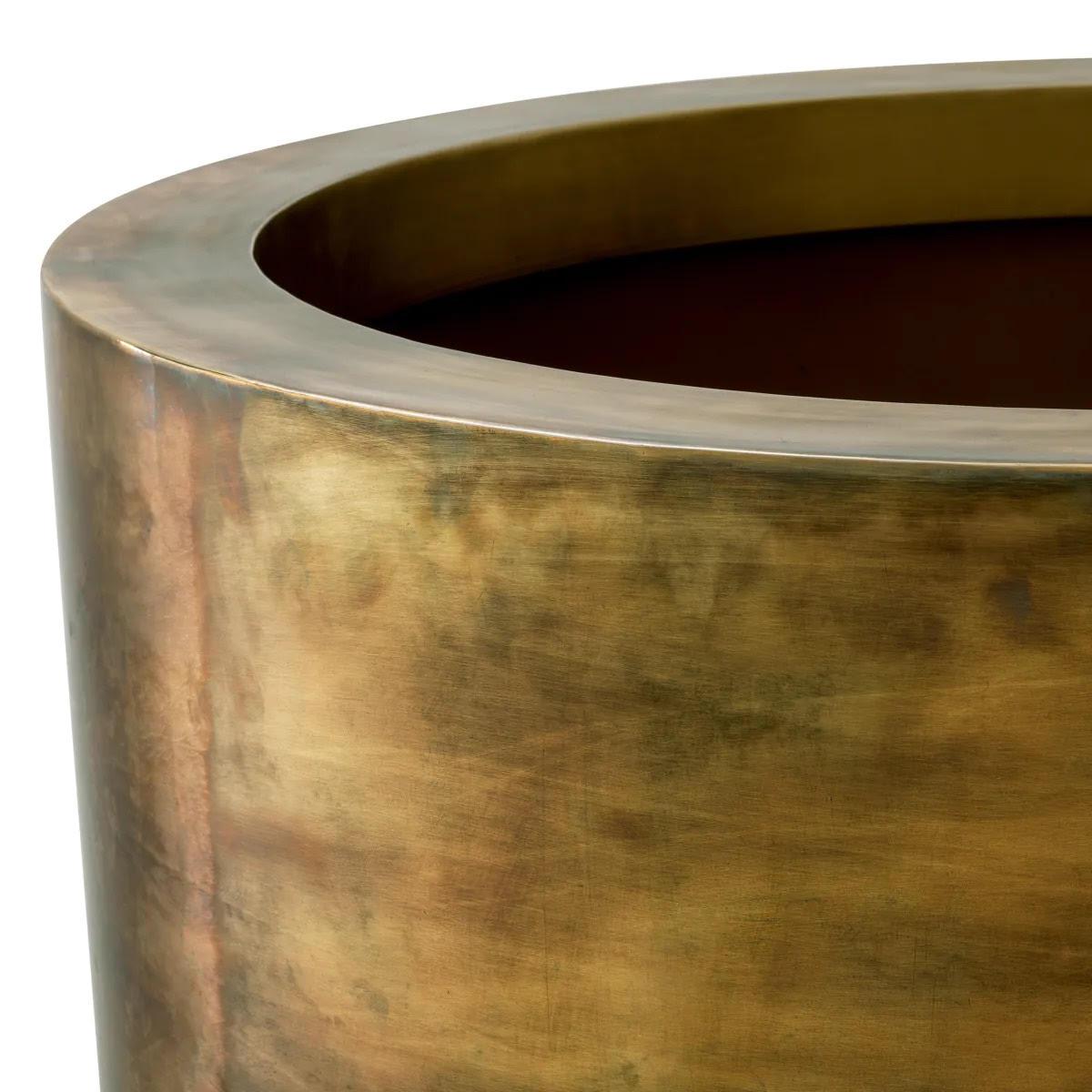 Contemporary Large, Round Planter in Patinated Brass with a Black Base, Handcrafted. For Sale