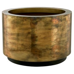 Large, Round Planter in Patinated Brass with a Black Base, Handcrafted.