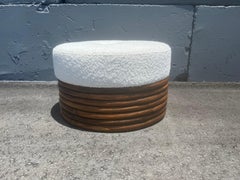 Large Round Rattan Ottoman, Boucle, Mid Century