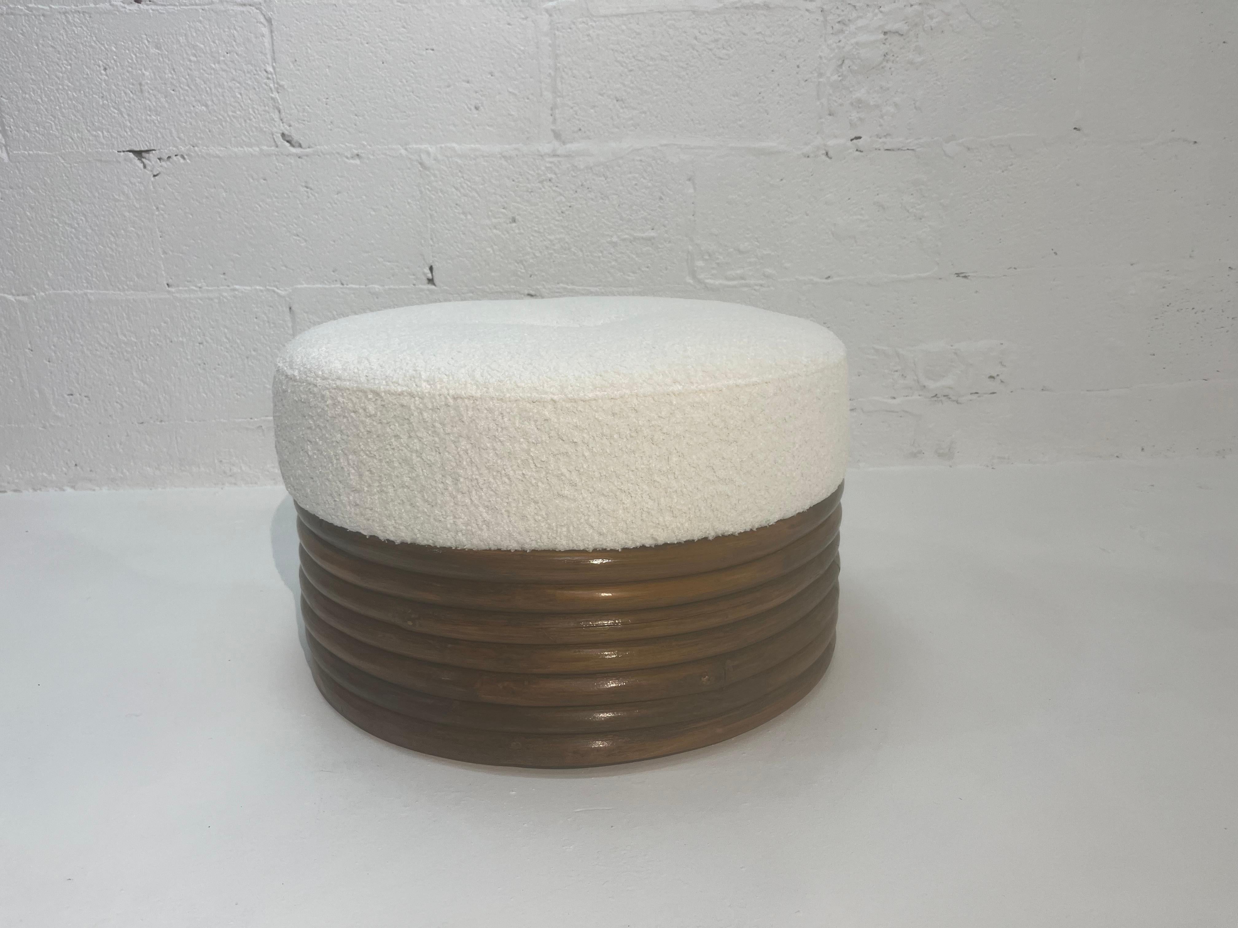 Modern Large Round Rattan Ottoman, Boucle, Mid Century For Sale