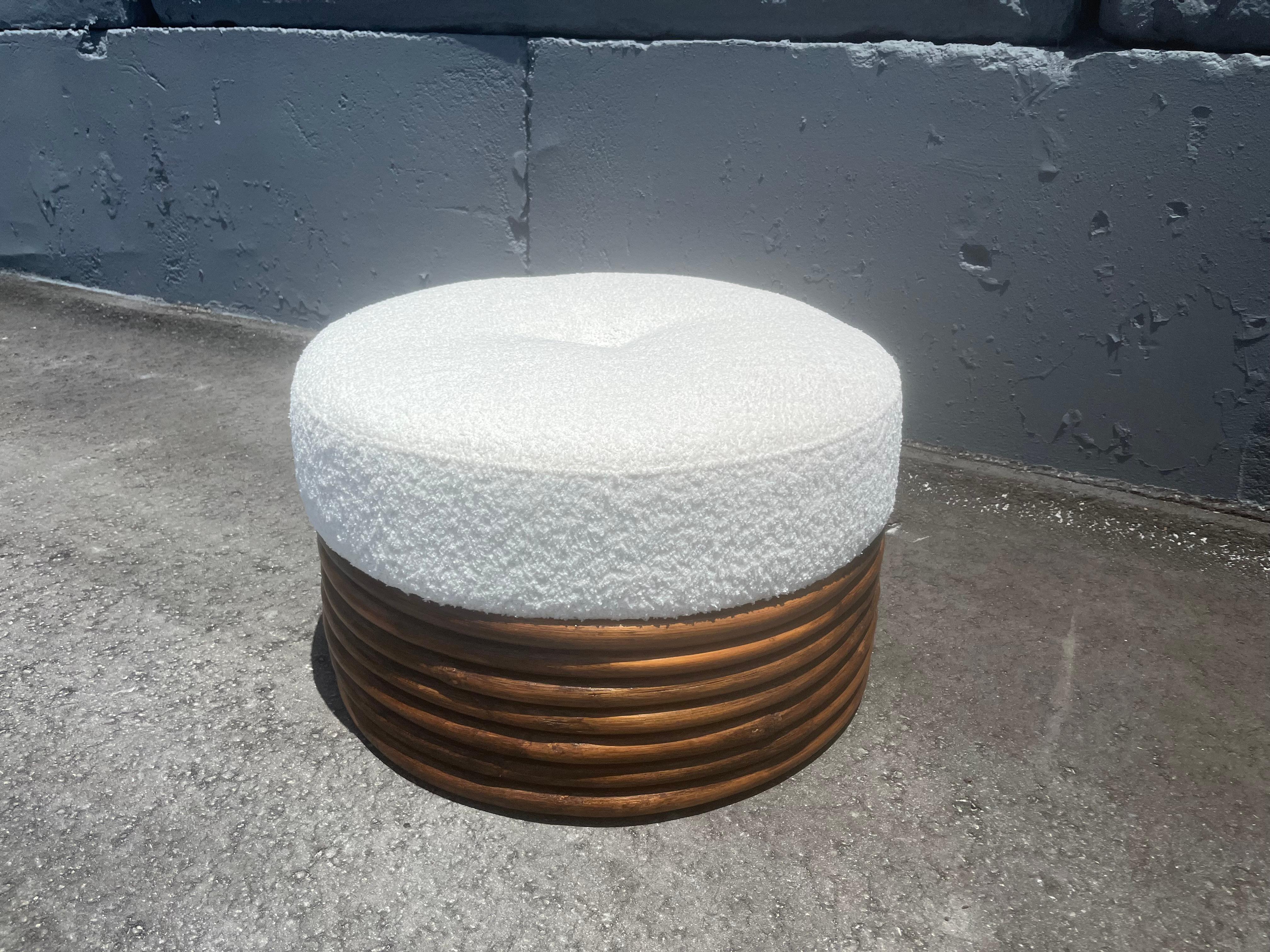Indonesian Large Round Rattan Ottoman, Boucle, Mid Century For Sale