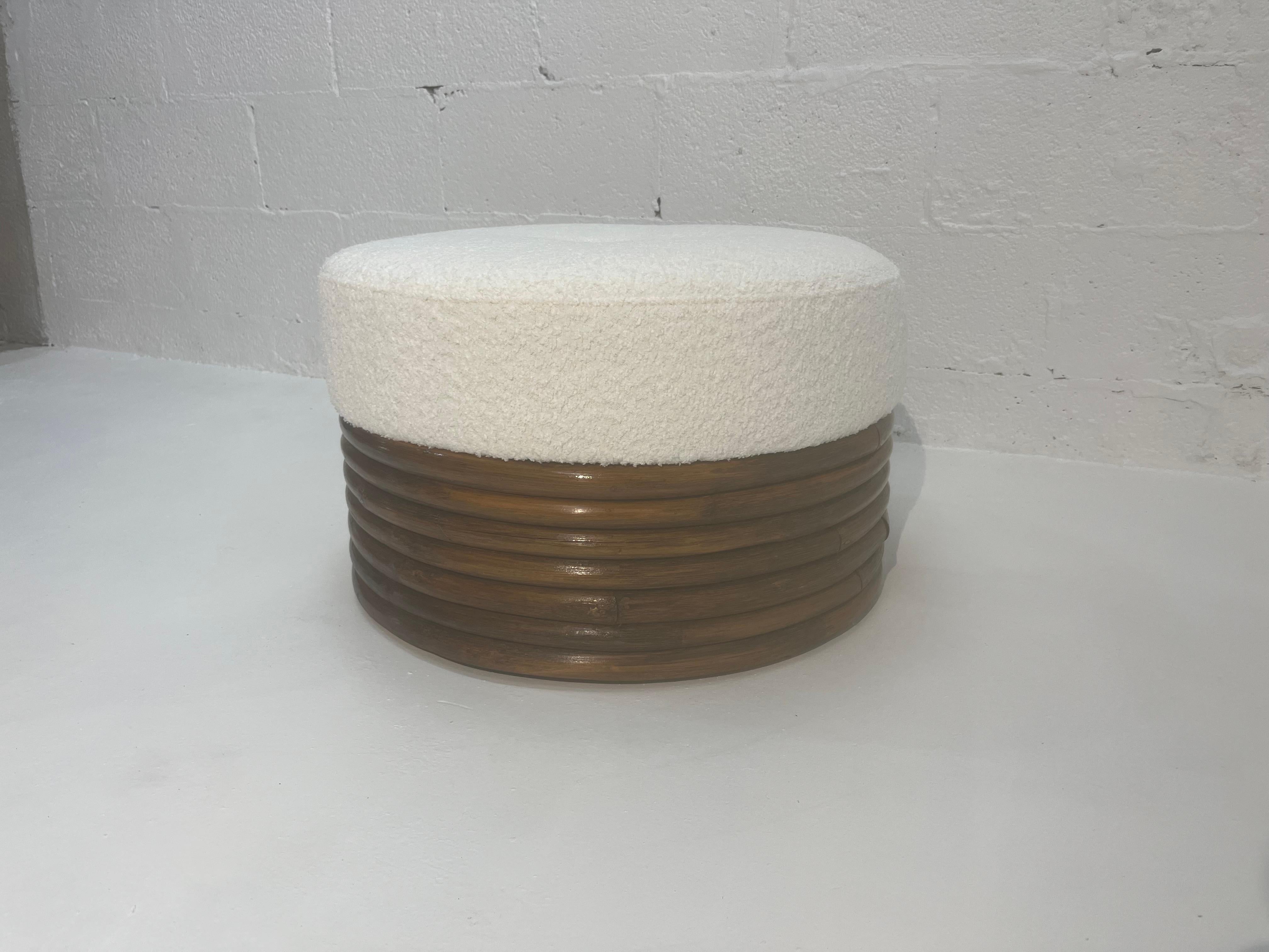 Late 20th Century Large Round Rattan Ottoman, Boucle, Mid Century For Sale