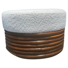 Large Round Rattan Ottoman, Boucle, Mid Century