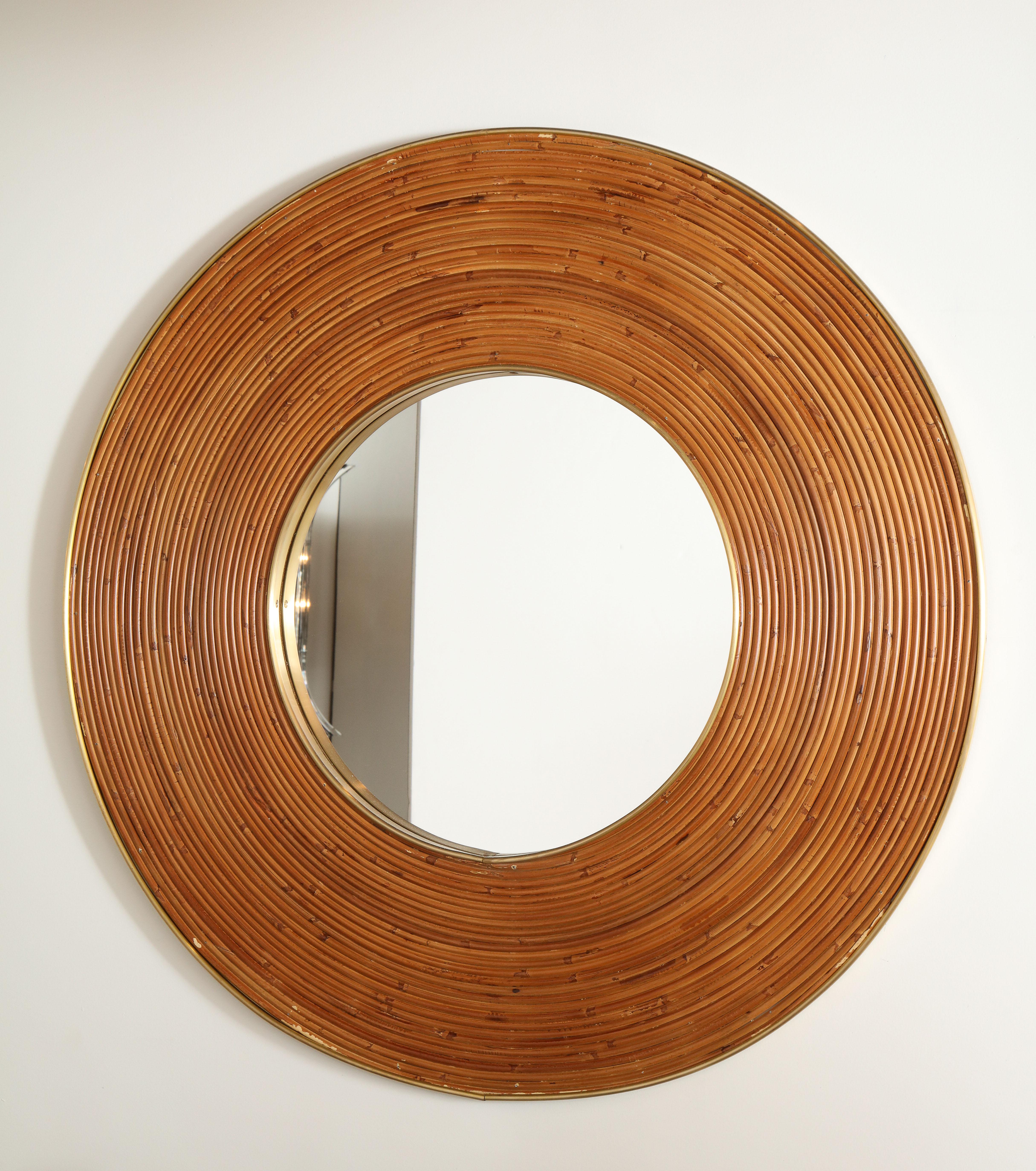 Mid-Century Modern Large Round Reed and Brass Mirror, Italy, 1970s