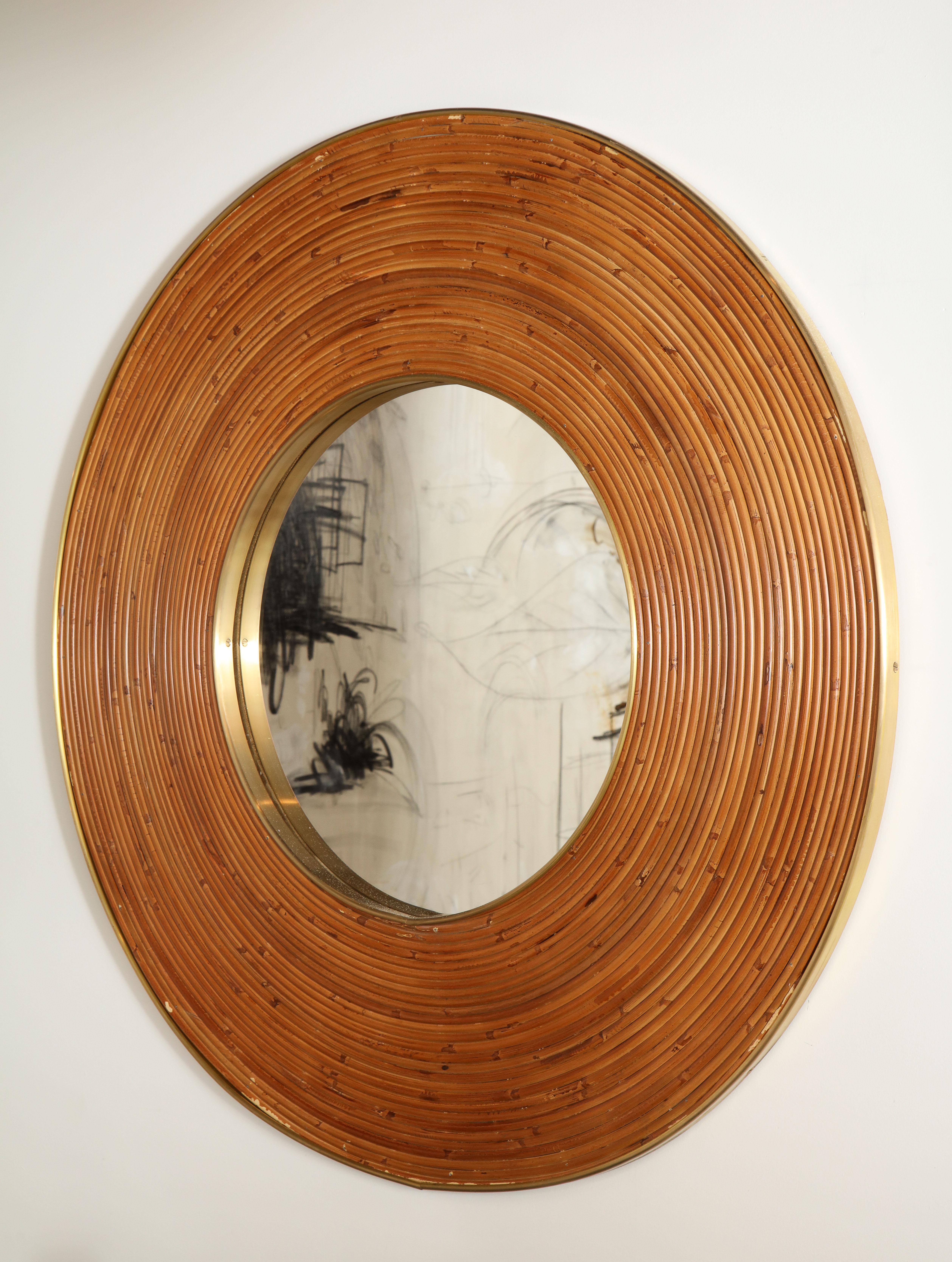 Large Round Reed and Brass Mirror, Italy, 1970s 2