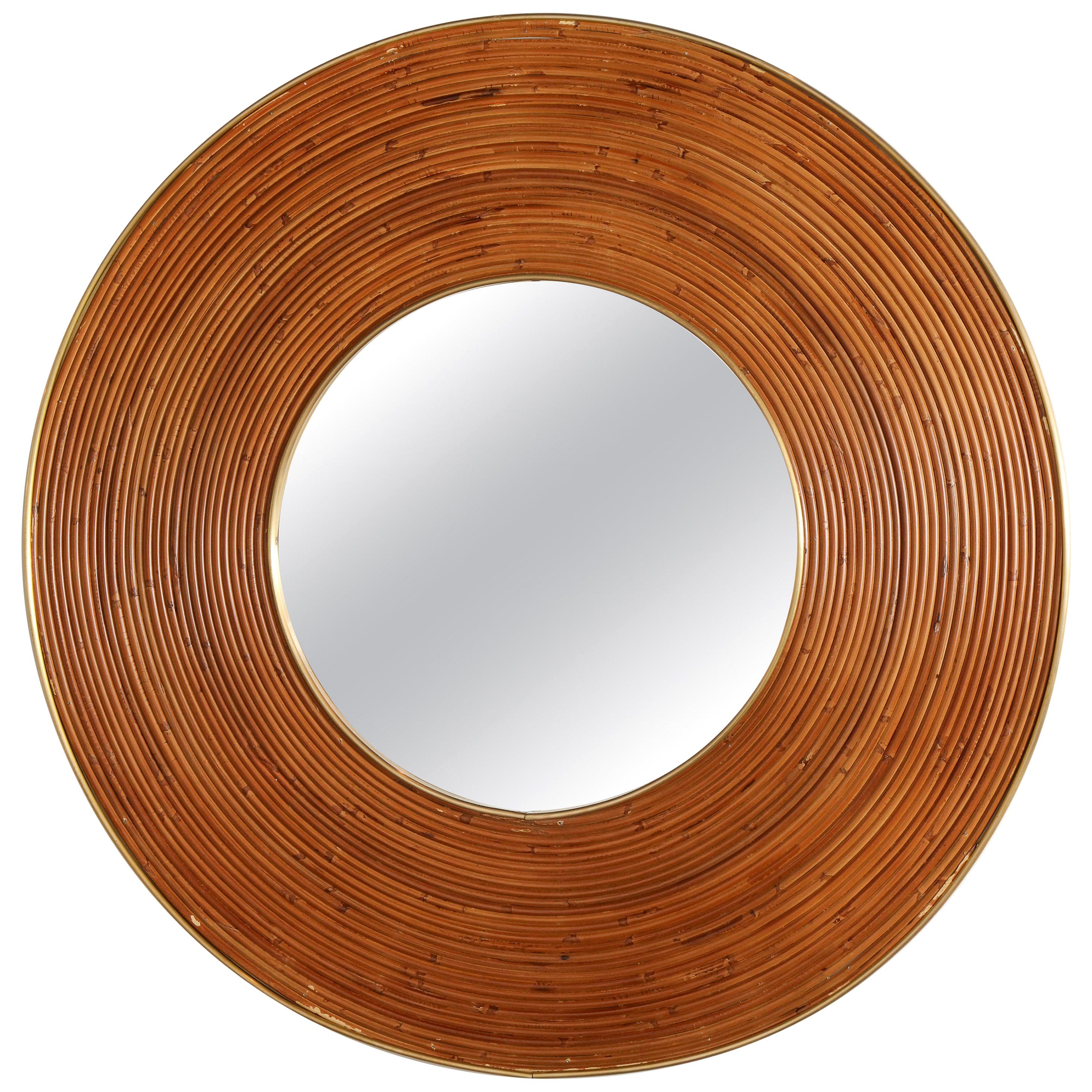 Large Round Reed and Brass Mirror, Italy, 1970s
