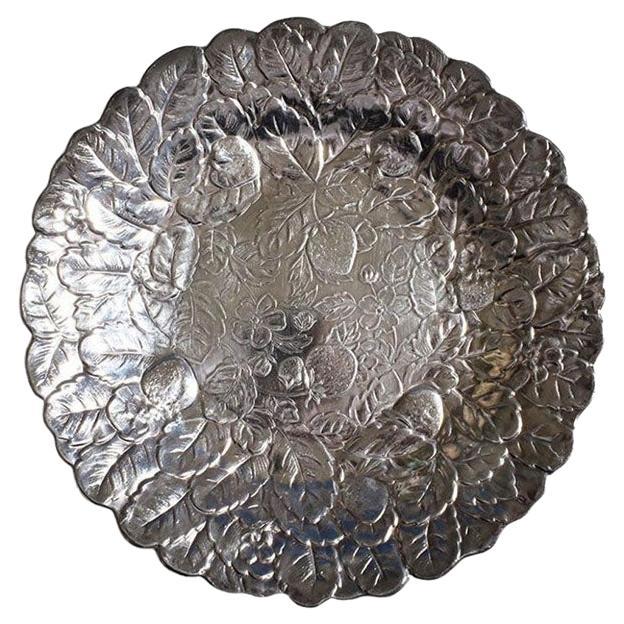 Large Round Reed & Barton Strawberry SIlverplate Serving Tray For Sale