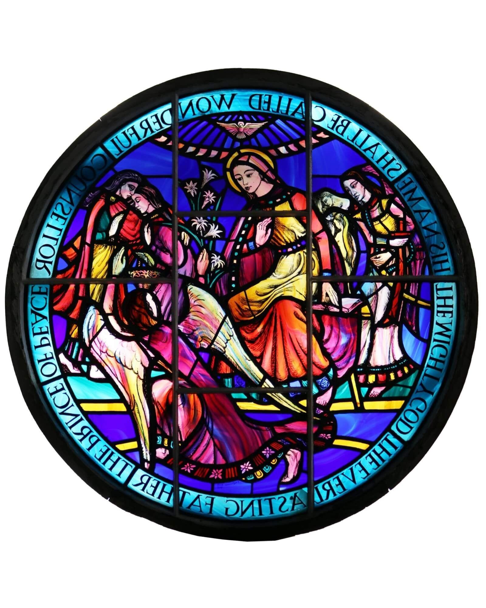 Großes rundes religiöses schottisches Kirchenfenster aus Glas (20. Jahrhundert) im Angebot