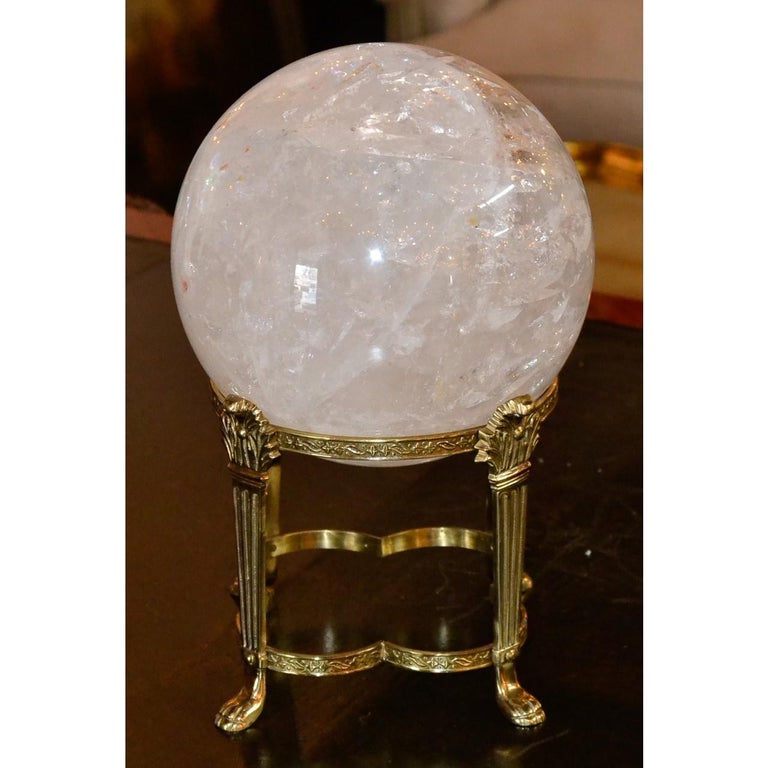 Large Round Rock Crystal Sphere on Brass Stand For Sale at 1stDibs